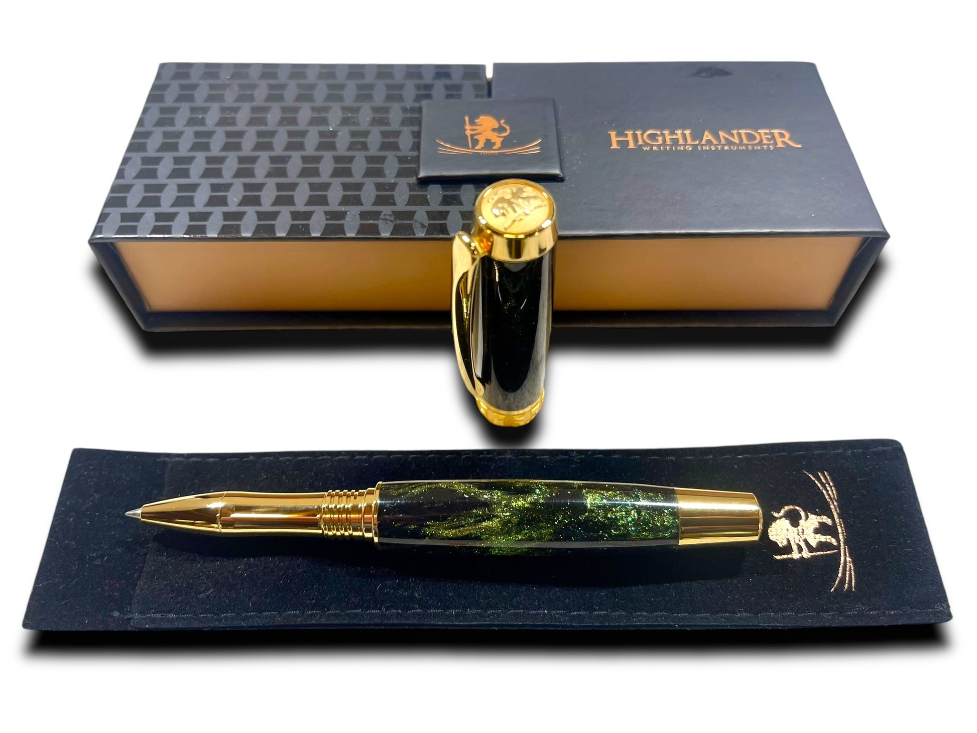 Elegant “Northern Lights” Handcrafted Gold Rollerball Pen, One of a Kind, Handmade in Colorado. Ink, Velvet Sleeve, and Pen Box Included. - HighlanderPen