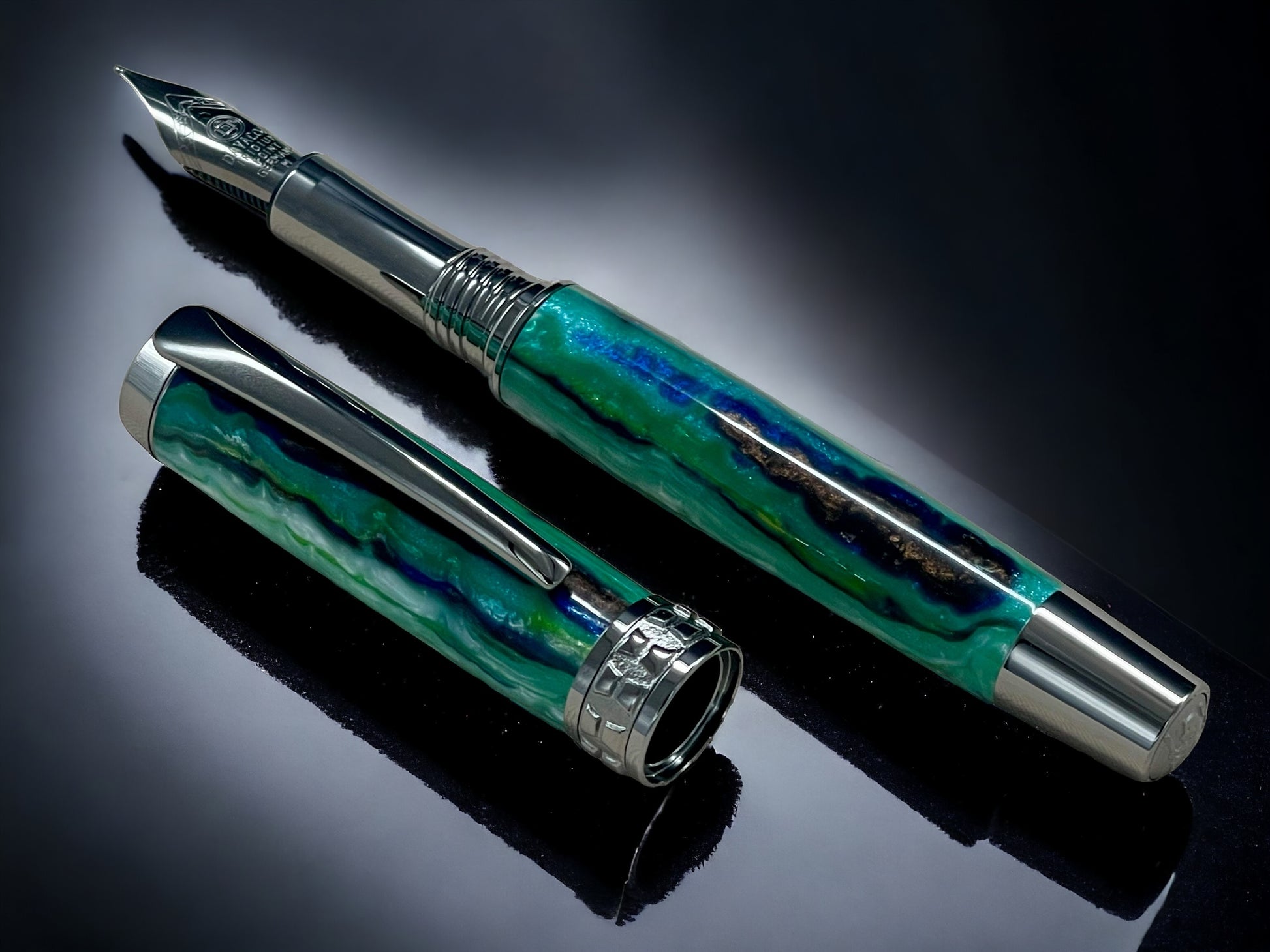 Green Stripe, One of a Kind “SKYE” Black Titanium Handmade Fountain Pen. Artisan Rare & Completely Custom, Handcrafted in Colorado, USA. - HighlanderPen