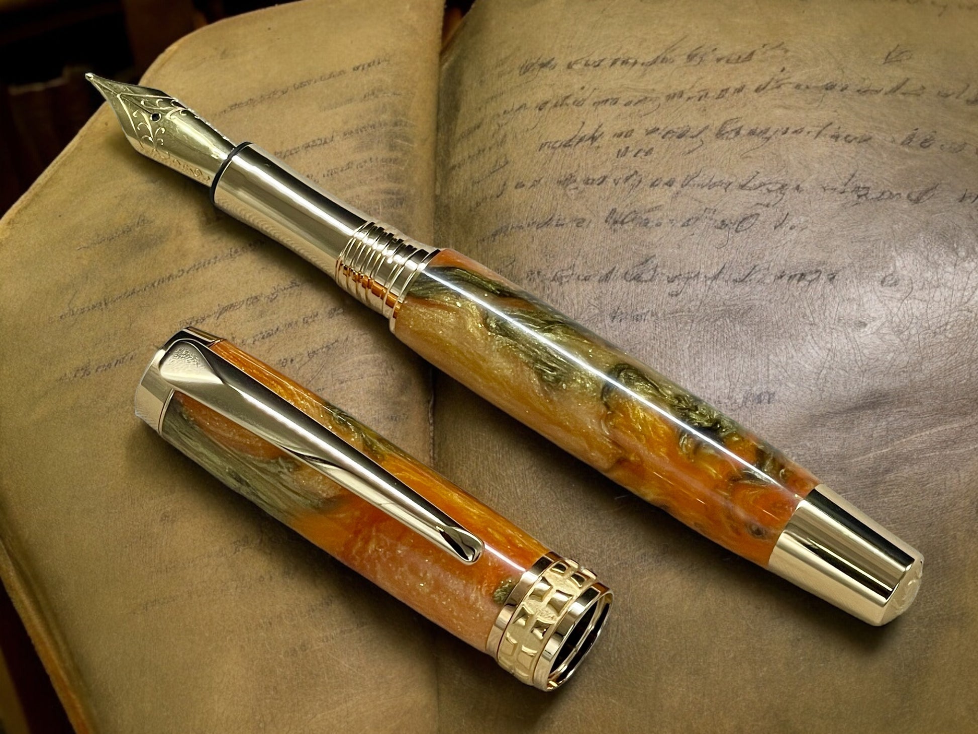 Striking “Orange Gold Swirl” Gold Fountain Pen, Artisan Handcrafted Writing Instrument. Simple to Use. Handmade with Custom Hardware in CO. - HighlanderPen