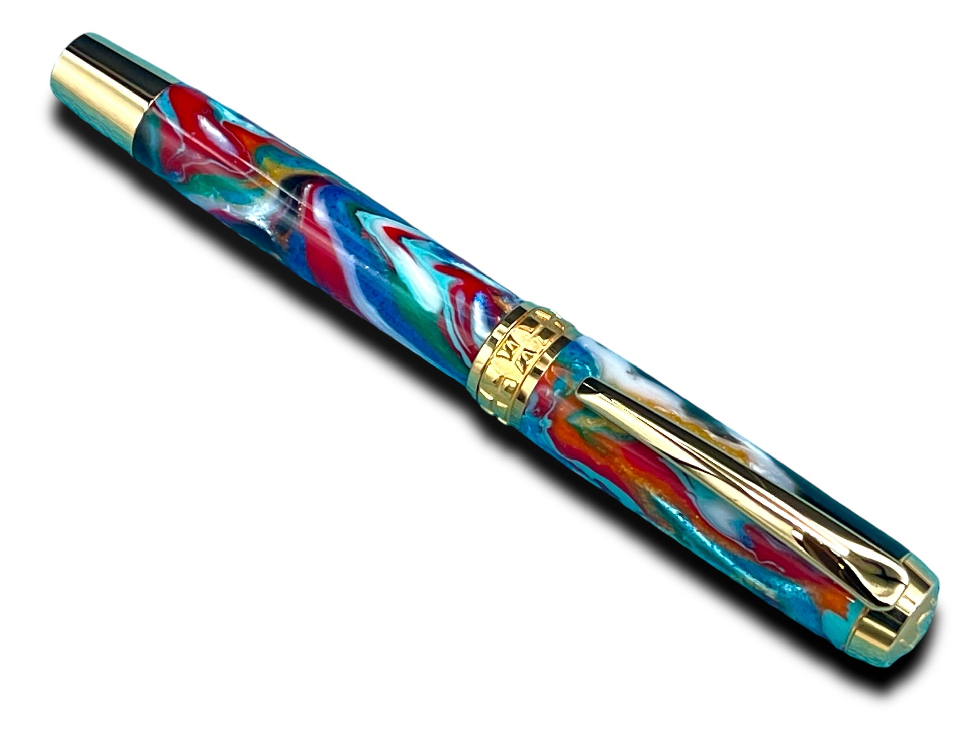 Whimsical “Color Explosion” Handcrafted Gold Rollerball Pen, One of a Kind, Handmade in Colorado. Ink, Velvet Sleeve, and Pen Box Included. - HighlanderPen