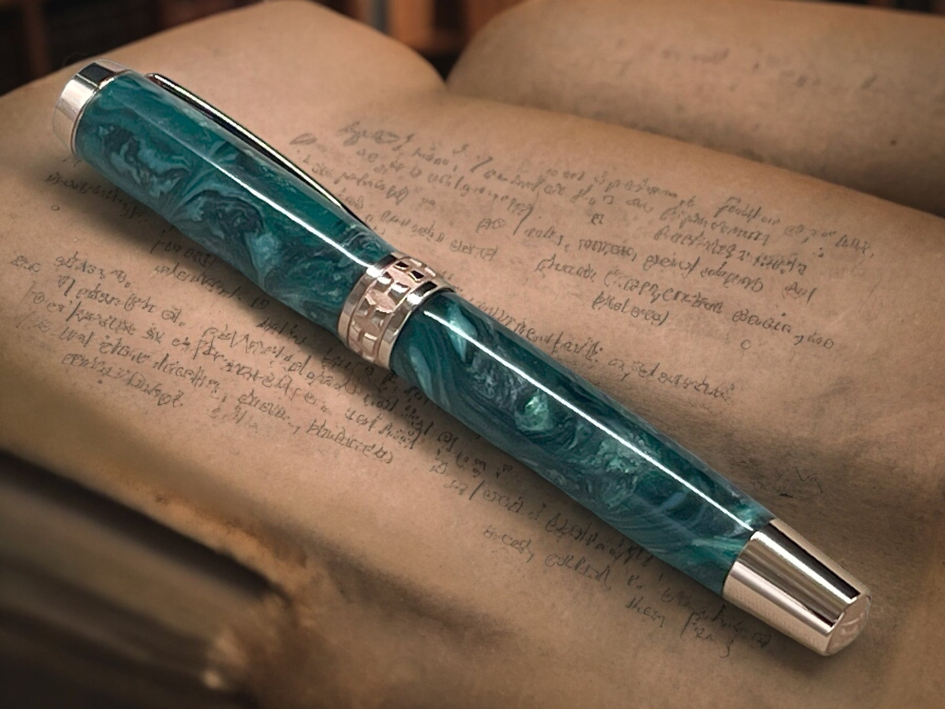 Elegant “Luminescent Green” Rose Gold Fountain Pen, Artisan Handcrafted Writing Instrument. Simple to Use. Handmade in CO w/ Custom Hardware. - HighlanderPen