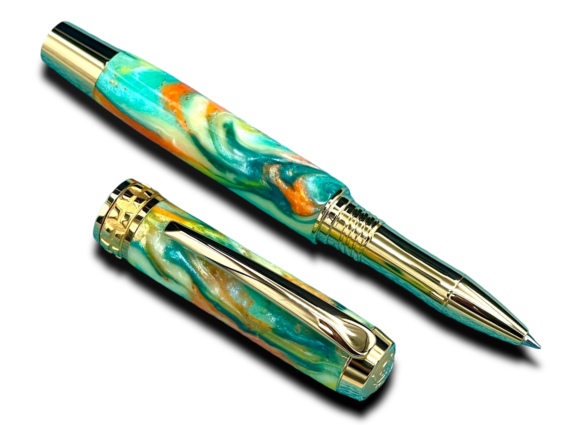 Whimsical “Italian Sorbet” Handcrafted Gold Rollerball Pen, One of a Kind, Handmade in Colorado. Ink, Velvet Sleeve, and Pen Box Included. - HighlanderPen