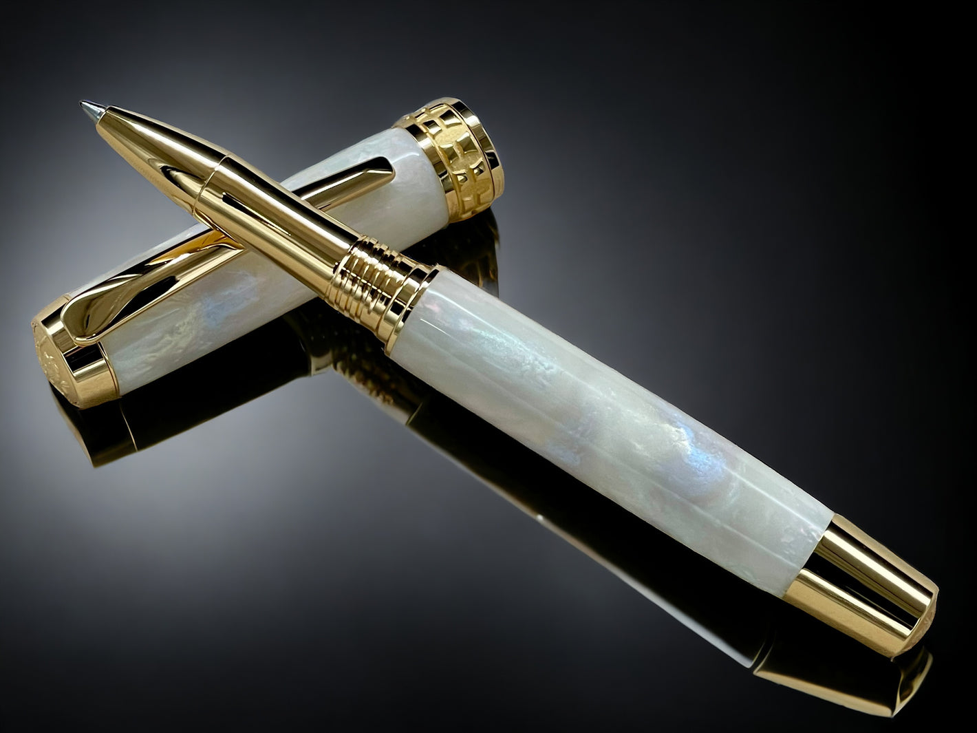 “Pearly Opal”, One of a Kind Gold SKYE, Handmade Custom Acrylic Rollerball Pen. Artisan Rare & Unique, Completely Handcrafted  in Co, USA - HighlanderPen