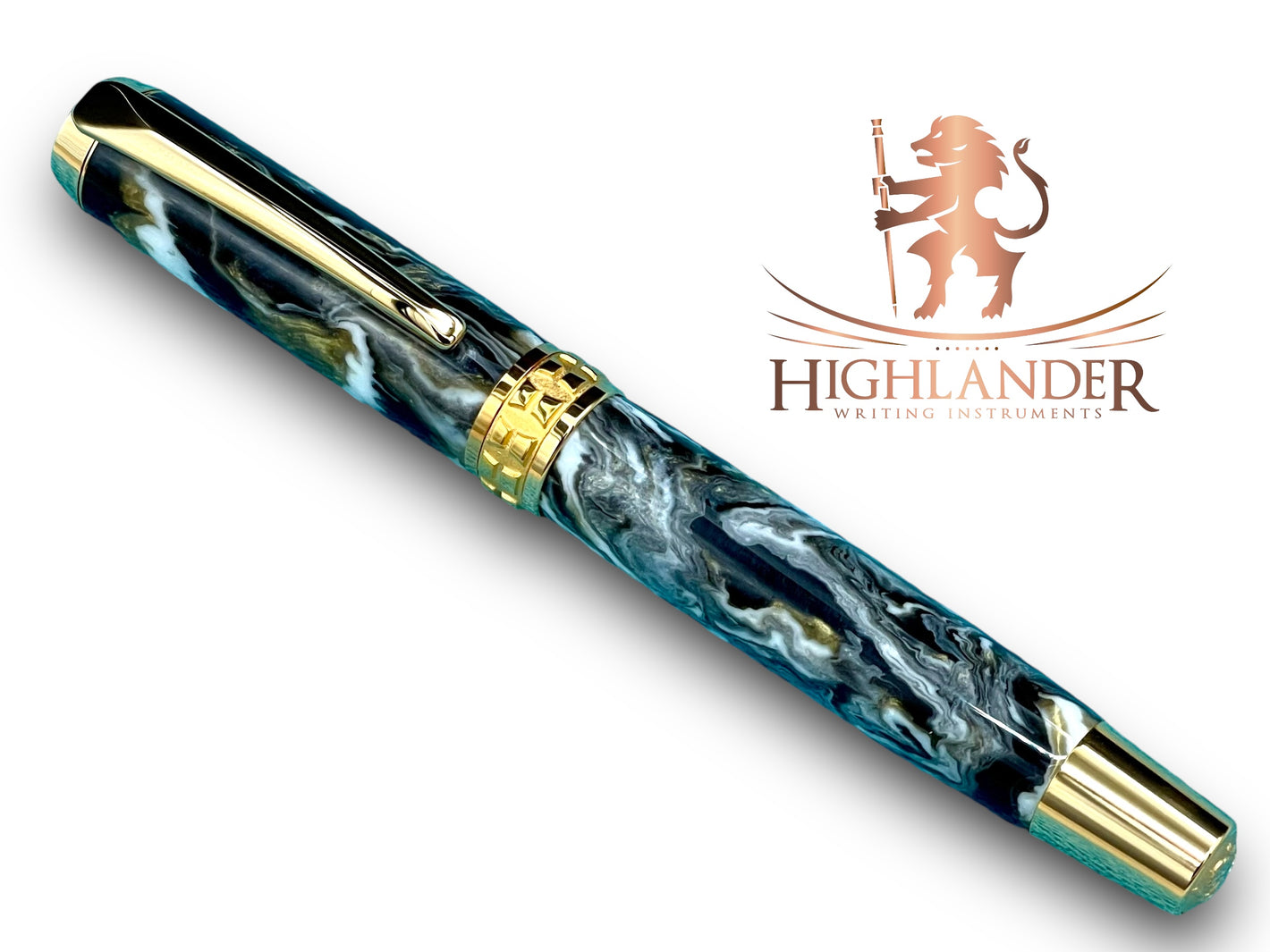 Elegant “Black/Gold Swirl” Handcrafted Luxury Gold Fountain Pen, One of a Kind, Handmade in Colorado. Ink, Converter, Sleeve, & Box Included - HighlanderPen