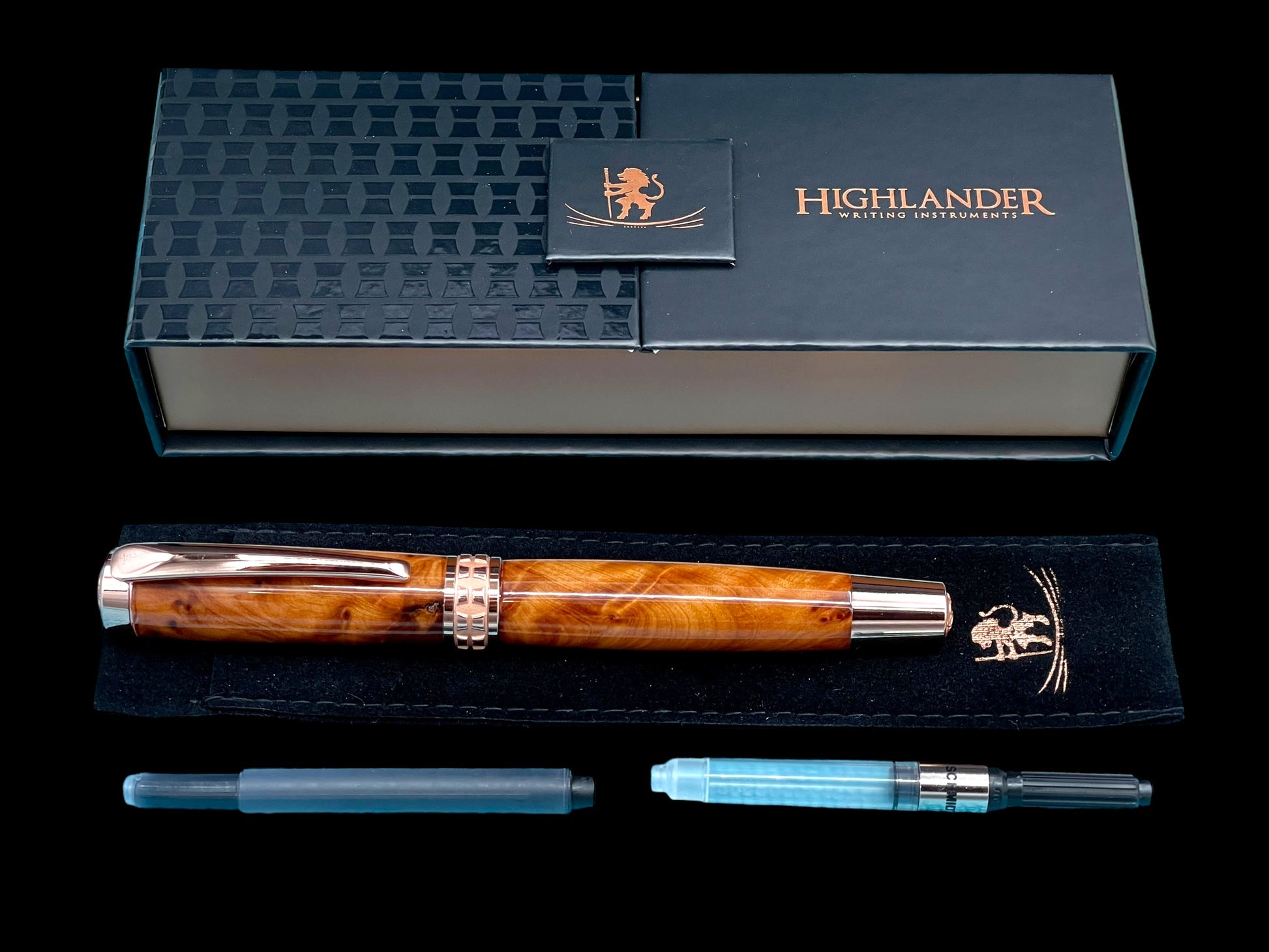 Exotic Thuya Burl Wood~Highlander Rose Gold Fountain Pen, One of a Kind, Handmade in Colorado. Ink, Converter, Pen Sleeve & Box Included. - HighlanderPen