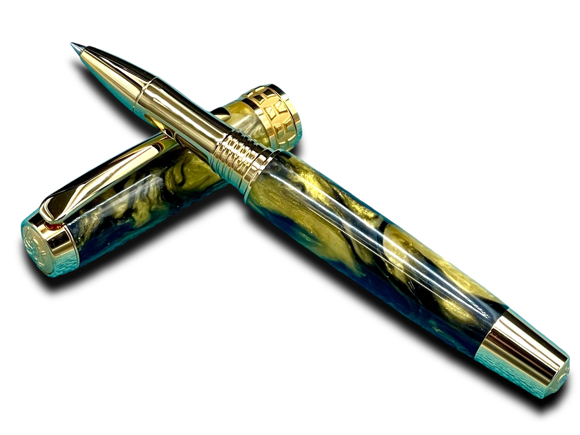 Elegant “Gold Swirl” Handcrafted Gold Rollerball Pen, One of a Kind, Handmade in Colorado. Ink, Velvet Sleeve, and Pen Box Included. - HighlanderPen