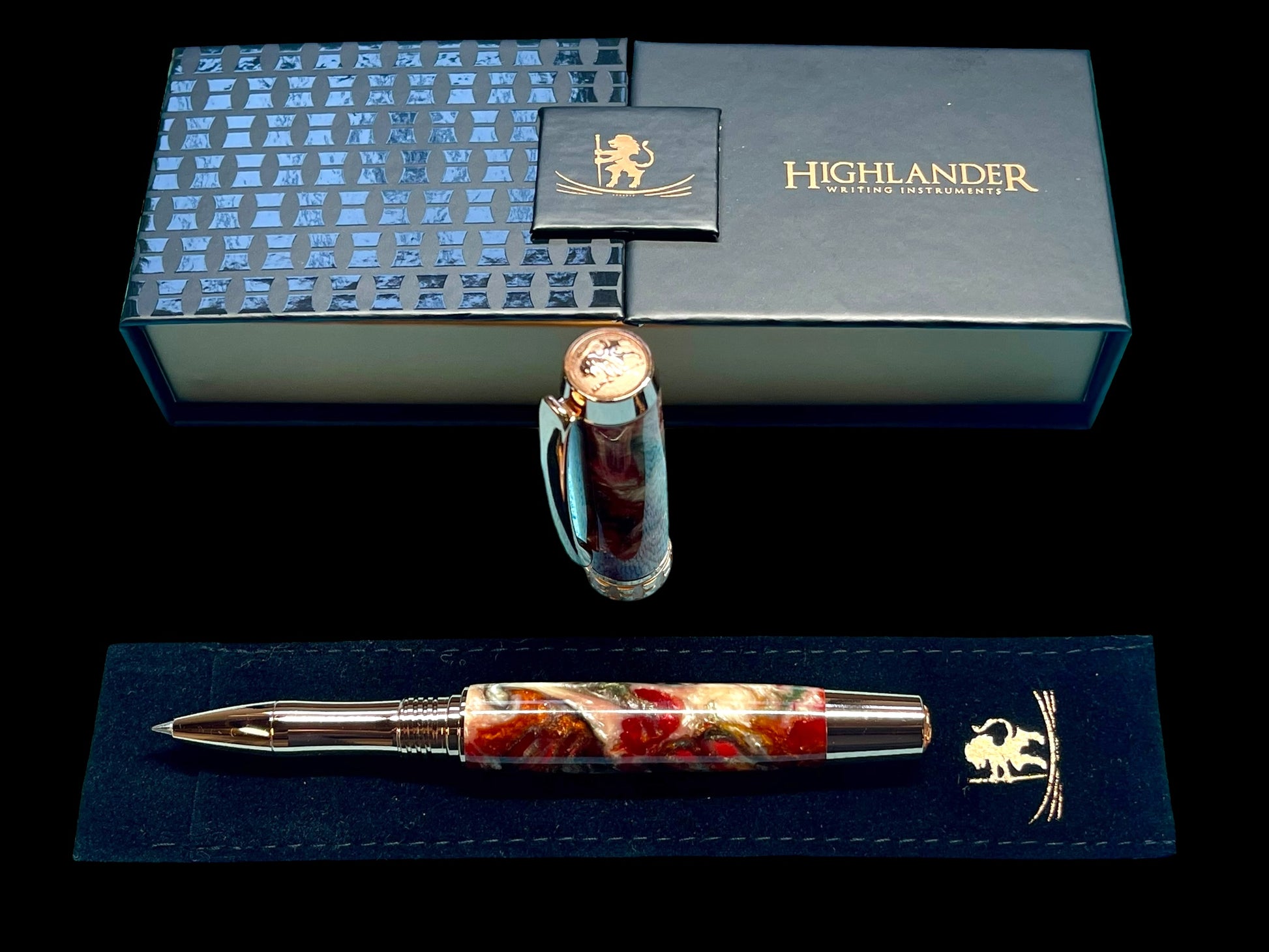 Elegant “Red Swirl”, Rose Gold Acrylic Rollerball Pen, Artisan Handcrafted Writing Instrument. One of a Kind, with Box, Felt Sleeve, & Ink. - HighlanderPen