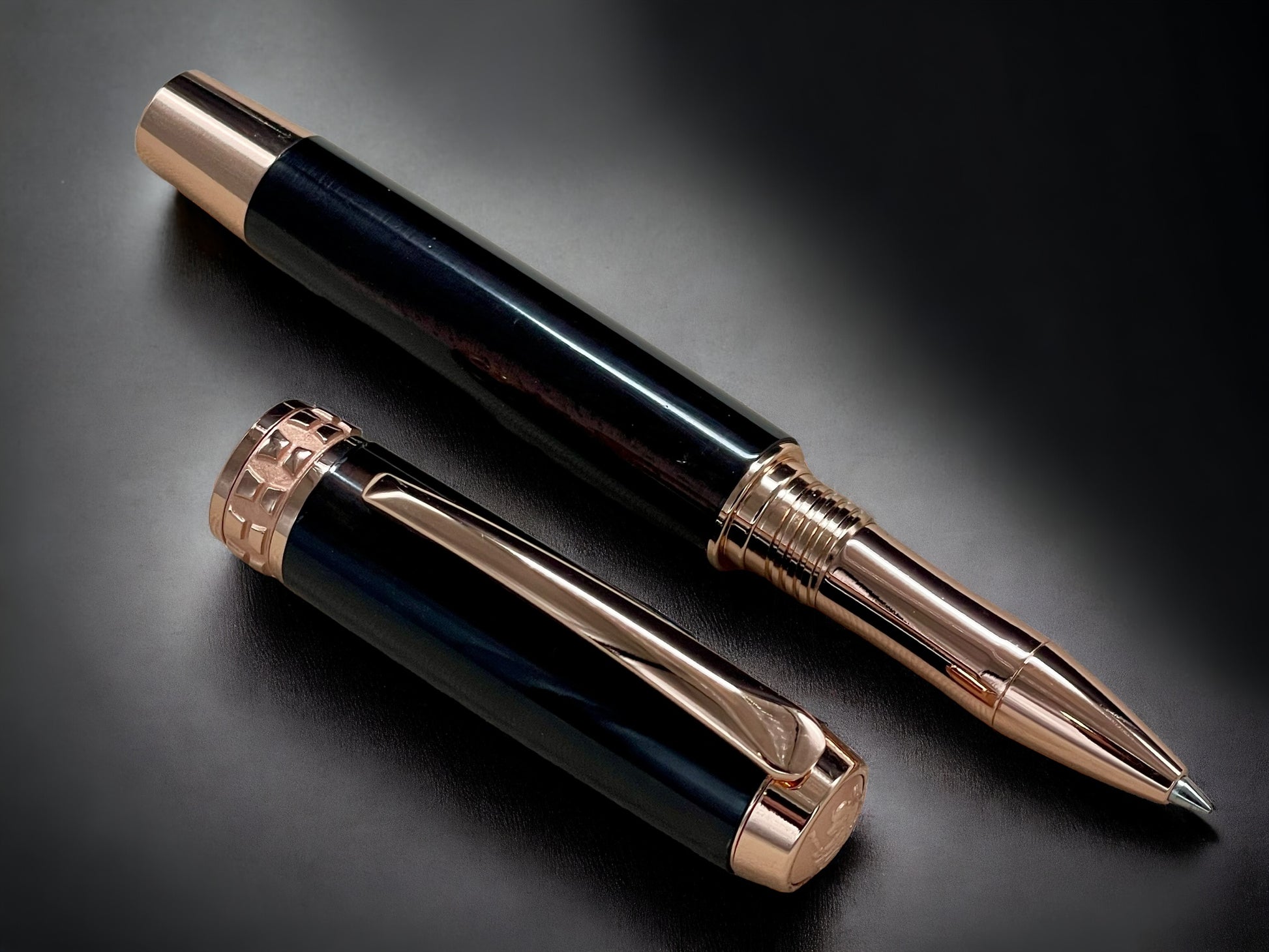 Exotic E. Indian Rosewood Rose Gold Rollerball Pen, Artisan Handcrafted Writing Instrument. Handmade Custom in Colorado. One of a Kind. - HighlanderPen