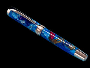 Striking “Blue Swirl” Acrylic Luxury Rose Gold Fountain Pen, One of a Kind, Handmade in Colorado. Ink, Converter, Pen Sleeve & Box Included. - HighlanderPen