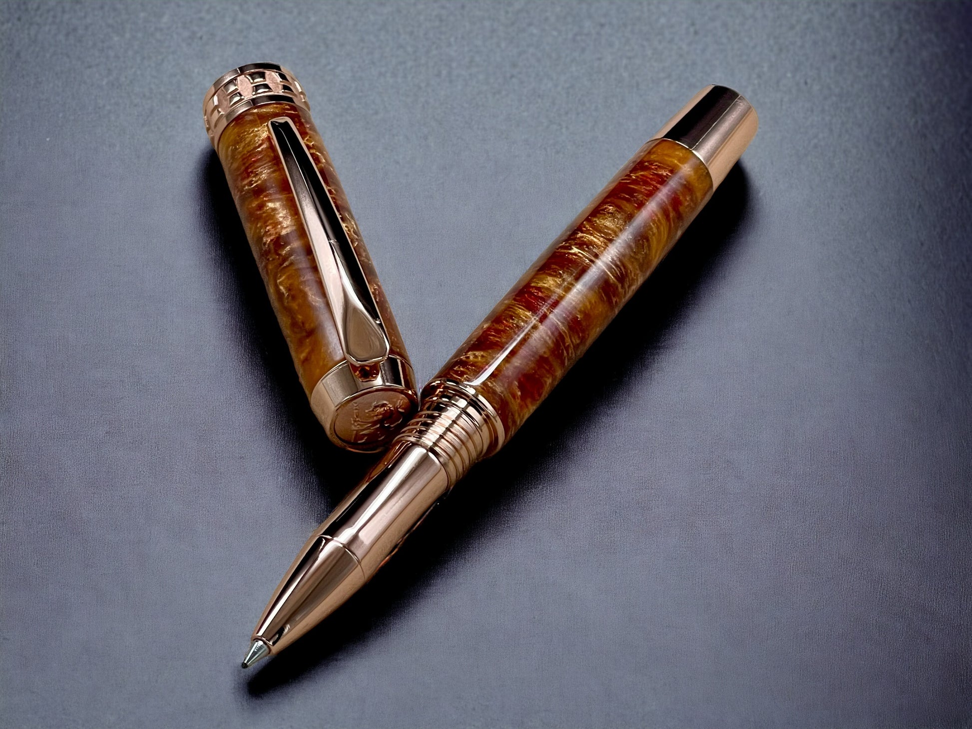 “Copper on Fire”, One of a Kind, Rose Gold, Handmade Custom Acrylic Rollerball Pen. Artisan Rare & Unique, Completely Handcrafted  in Co, US - HighlanderPen