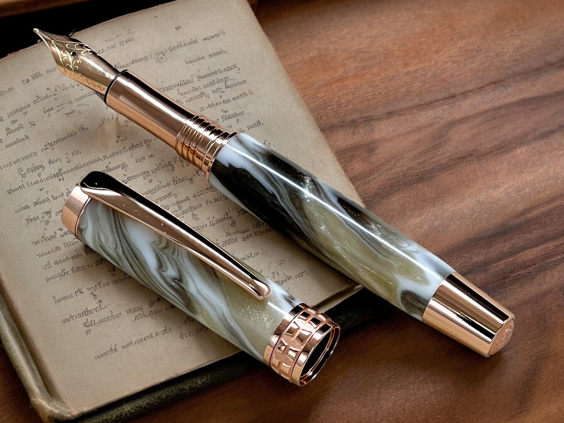 Elegant “Swirling Marble” Rose Gold Fountain Pen, Artisan Handcrafted Writing Instrument. Simple to Use. Handmade in CO USA. One of a Kind - HighlanderPen