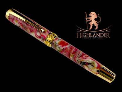 Gold “Tickled Pink” Handmade Rollerball Pen, One of a Kind, Handcrafted in CO. Ink, Velvet Sleeve, and Pen Box Included, By Highlander Pen. [ML-RB-1201-03]