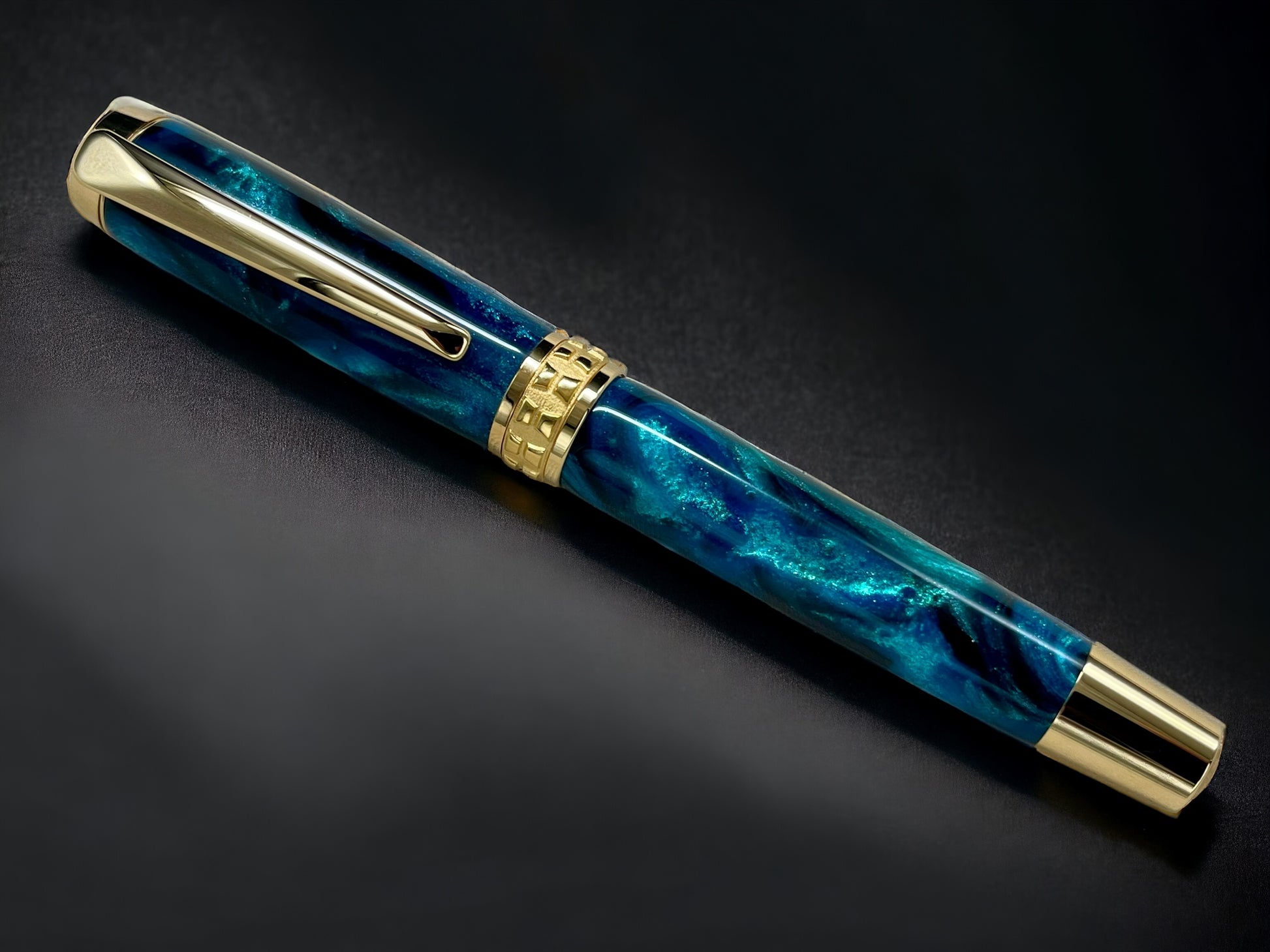 Gold Rollerball Pen, Artisan Handcrafted Writing Instrument. Handmade with Custom Hardware in Colorado. One of a Kind. “Deep Teal” - HighlanderPen