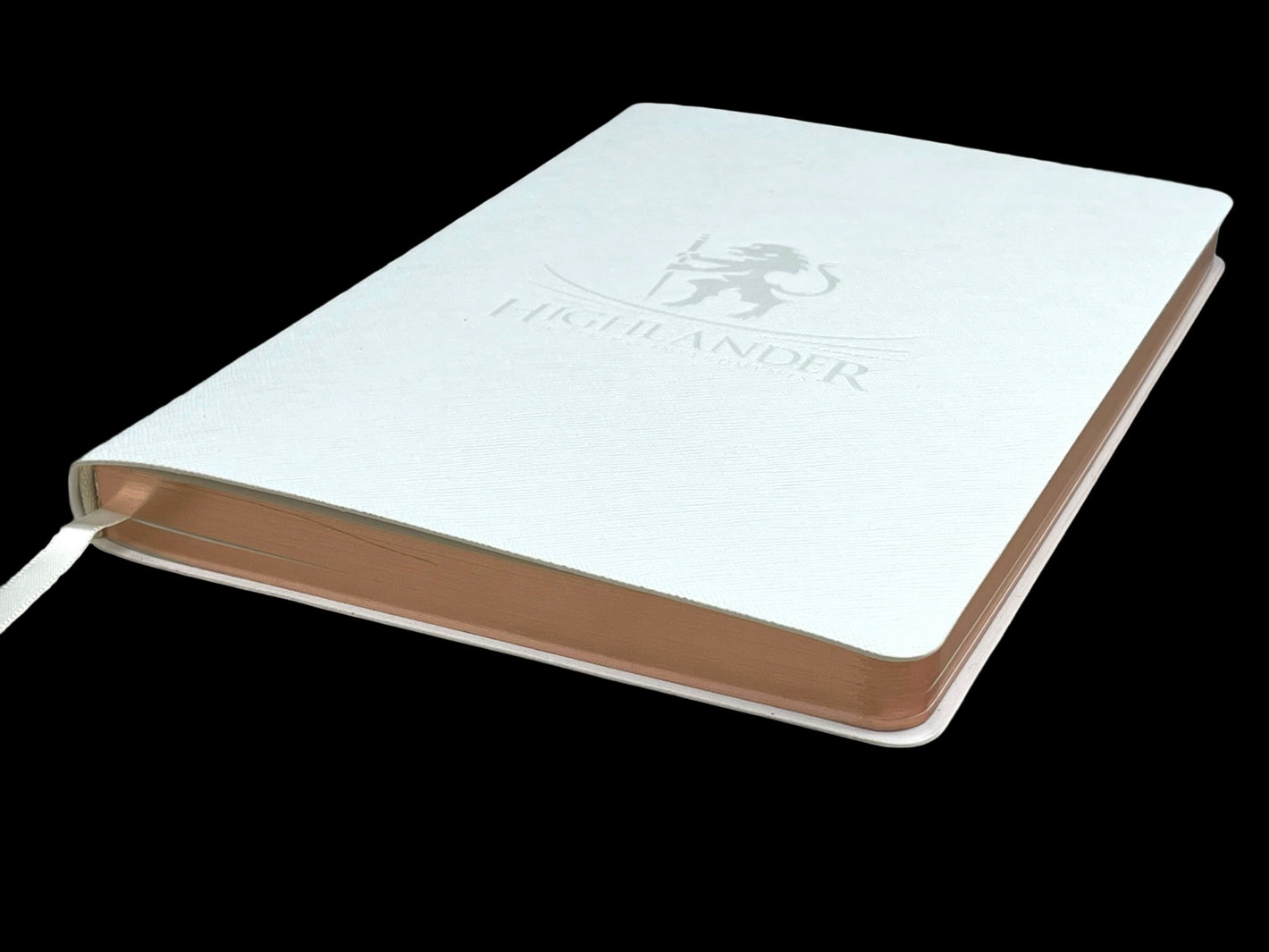 Medium White Saffiano PU Leather Journal, 8 1/4” X 5 3/4”, 120 GSM, Rose Gold Gilded Edges, Satin Ribbon, 25 Lines/Page, 192 Pages, In Box. - HighlanderPen
