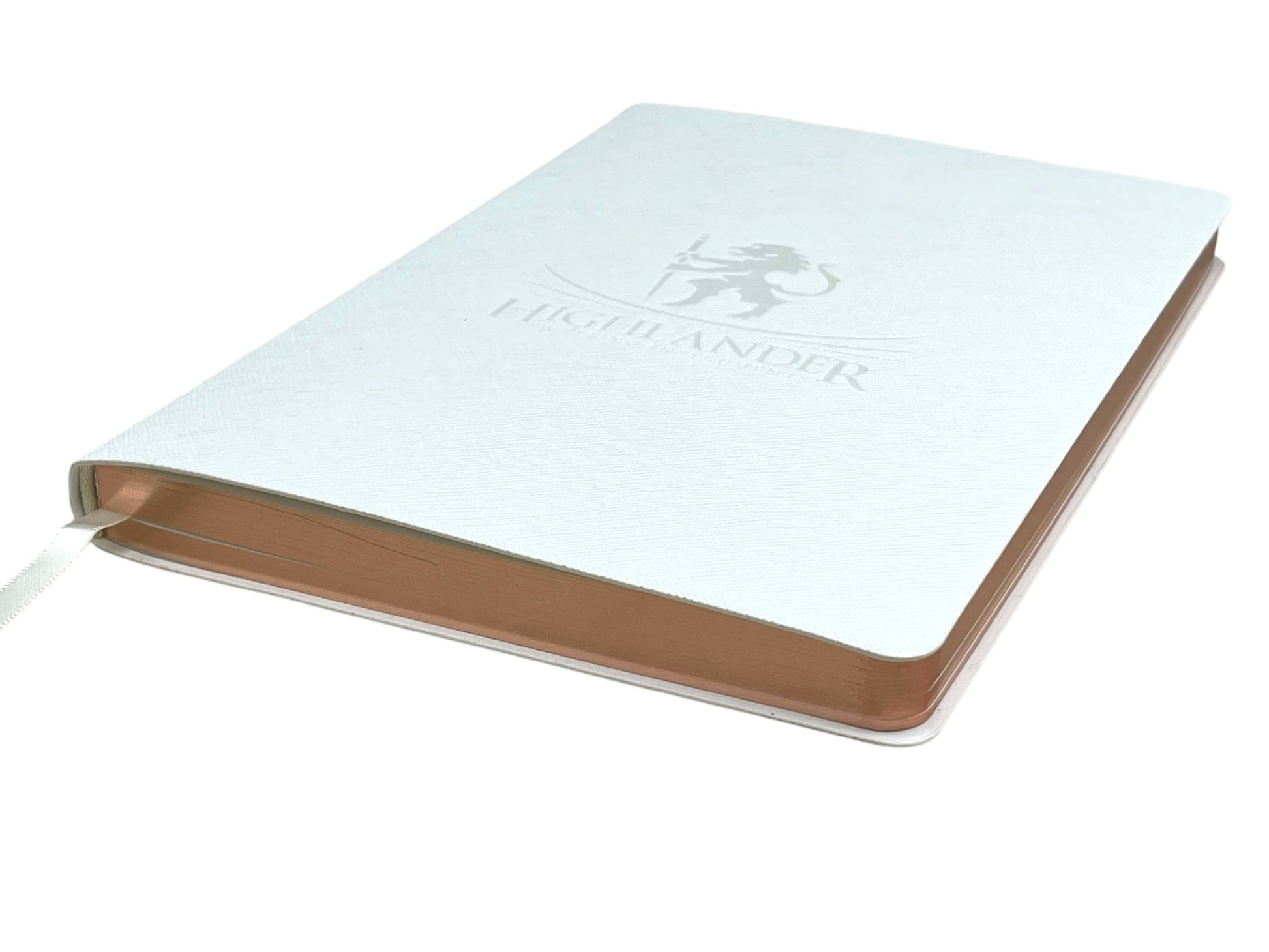 Medium White Saffiano PU Leather Journal, 8 1/4” X 5 3/4”, 120 GSM, Rose Gold Gilded Edges, Satin Ribbon, 25 Lines/Page, 192 Pages, In Box. - HighlanderPen