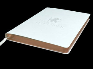 Medium White Saffiano PU Leather Journal, 8 1/4” X 5 3/4”, 120 GSM, Rose Gold Gilded Edges, Satin Ribbon, 25 Lines/Page, 192 Pages, In Box. - HighlanderPen