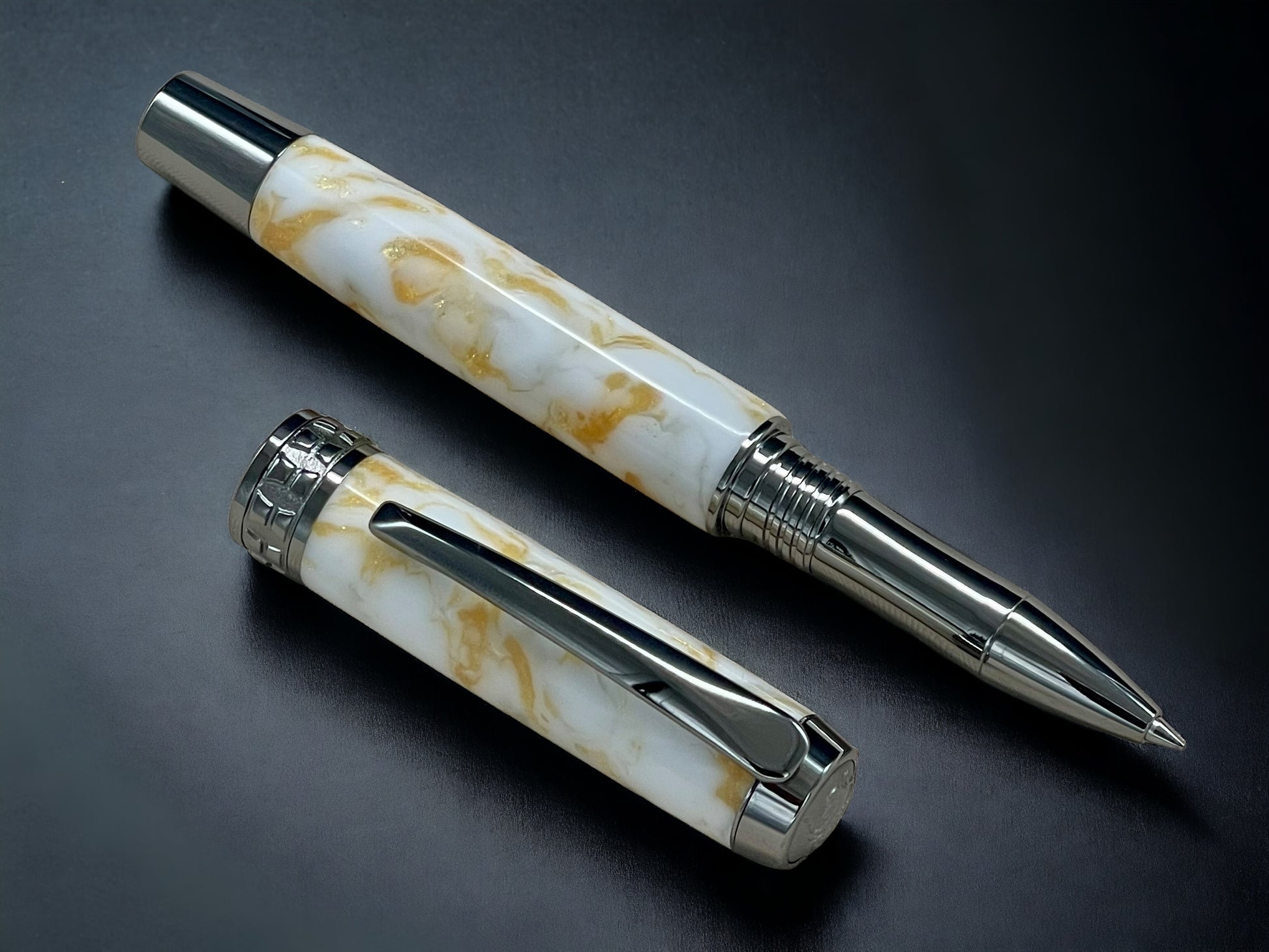 “Gold Marble”, One of a Kind, Handmade Custom Black Titanium Rollerball Pen. Artisan Rare & Unique, Completely Handcrafted in Colorado, USA. - HighlanderPen