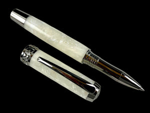 Black Titanium “Pearly White” Handmade Rollerball Pen. One of a Kind. Handcrafted in CO. Ink, Box & Sleeve Included, by Highlander Pen. [ML-RB-1201-05]