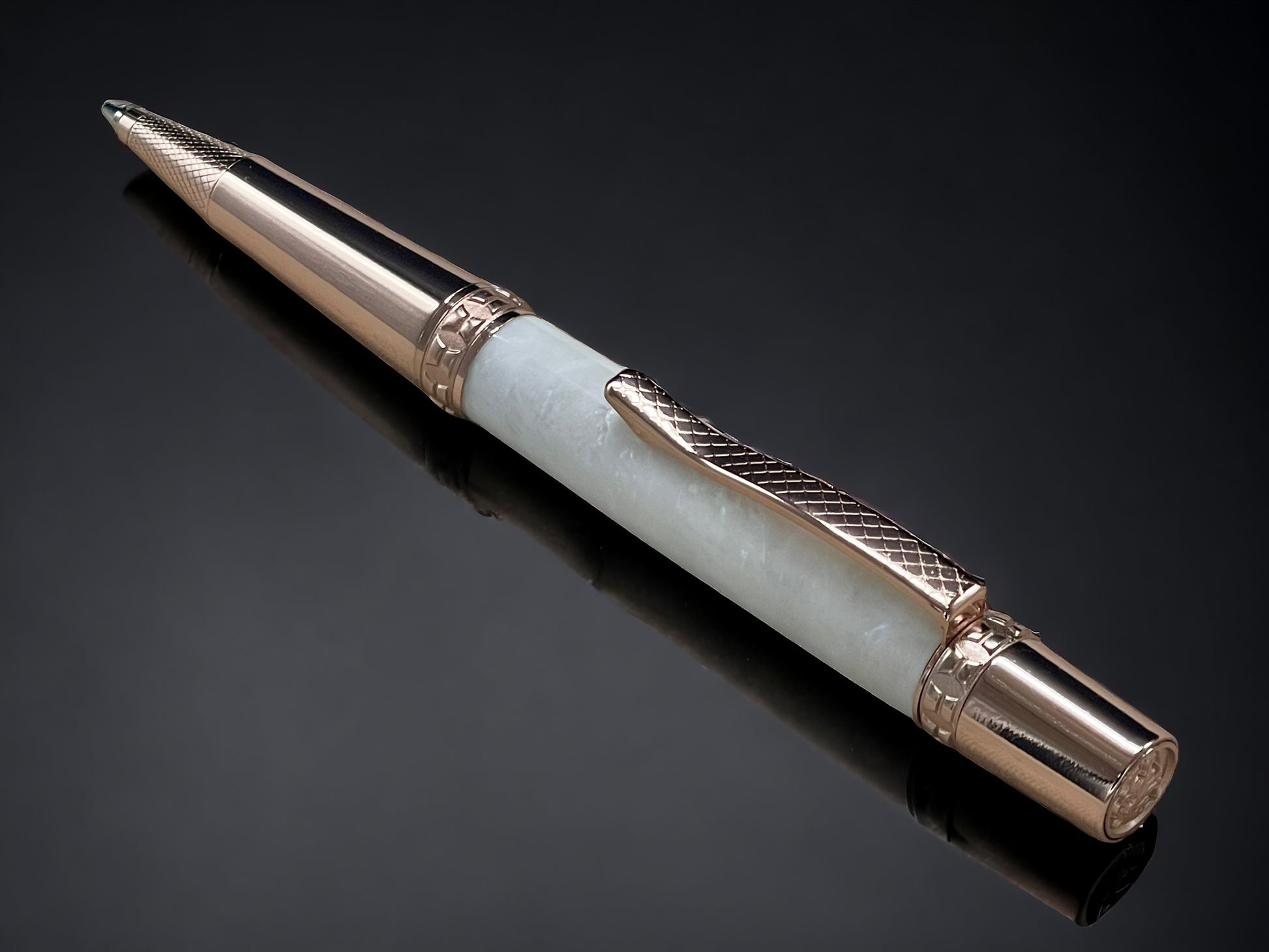 Pearly White, One of a Kind, Rose Gold, Pearlescent Acrylic Ballpoint Pen. Custom Handcrafted, Artisan Rare, Handmade in Colorado. - HighlanderPen