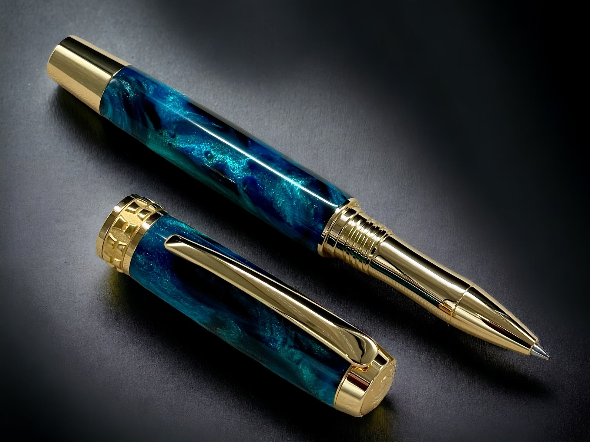 Gold Rollerball Pen, Artisan Handcrafted Writing Instrument. Handmade with Custom Hardware in Colorado. One of a Kind. “Deep Teal” - HighlanderPen