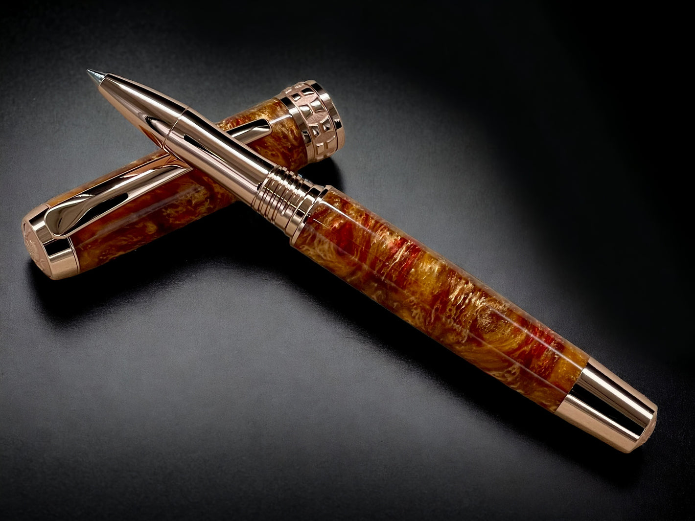 “Copper on Fire”, One of a Kind, Rose Gold, Handmade Custom Acrylic Rollerball Pen. Artisan Rare & Unique, Completely Handcrafted  in Co, US - HighlanderPen