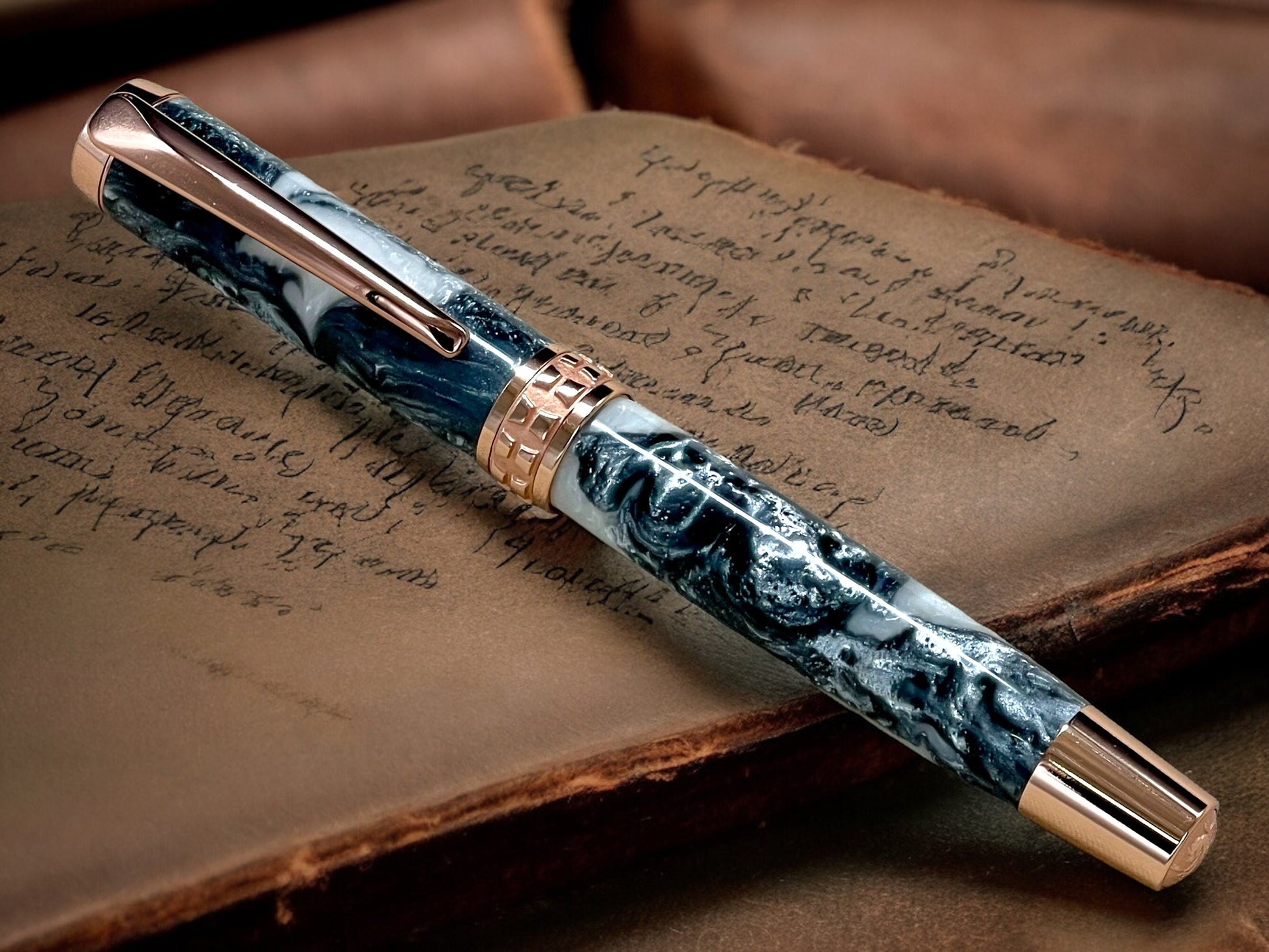 Elegant “Silver Pearl” Rose Gold Acrylic Rollerball Pen, Artisan Handcrafted Writing Instrument. Handmade Custom in Colorado. One of a Kind. - HighlanderPen