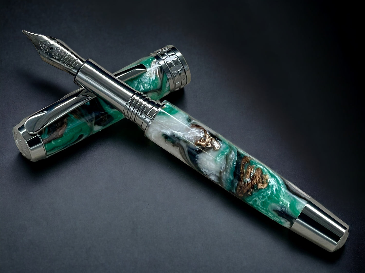 “Evergreen”, One of a Kind, Black Titanium “SKYE”, Handmade Acrylic Fountain Pen. Artisan Rare & Unique, Custom, Handcrafted in Colorado, USA. - HighlanderPen