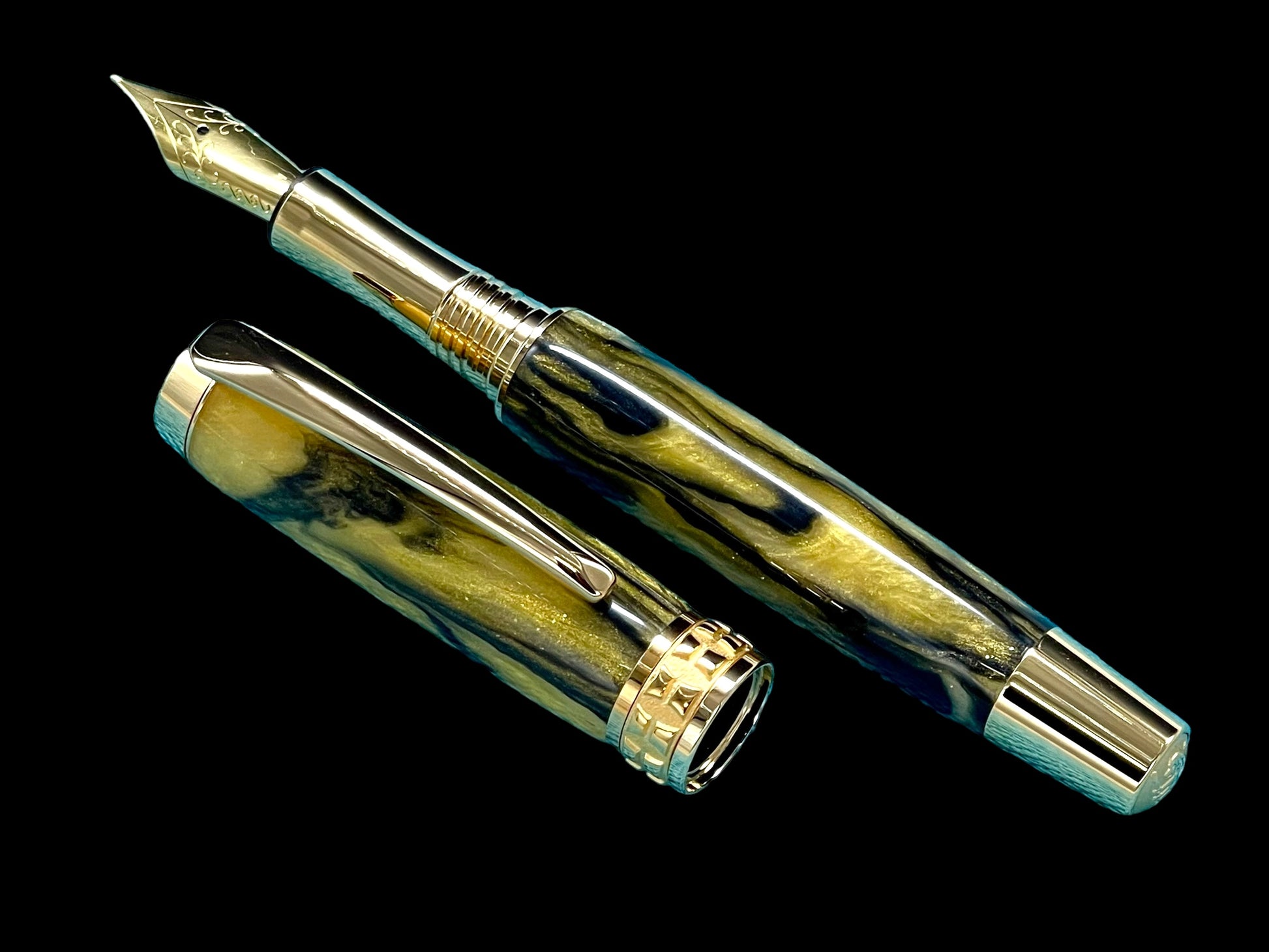 Striking “Gold and Black” Handcrafted Luxury Gold Fountain Pen, One of a Kind, Handmade in Colorado. Ink, Converter, Sleeve, & Box Included. - HighlanderPen