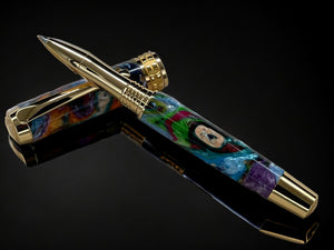 Gold Rollerball Pen, Artisan Handcrafted Writing Instrument. Handmade with Custom Hardware in Colorado. One of a Kind. “Color Explosion” - HighlanderPen