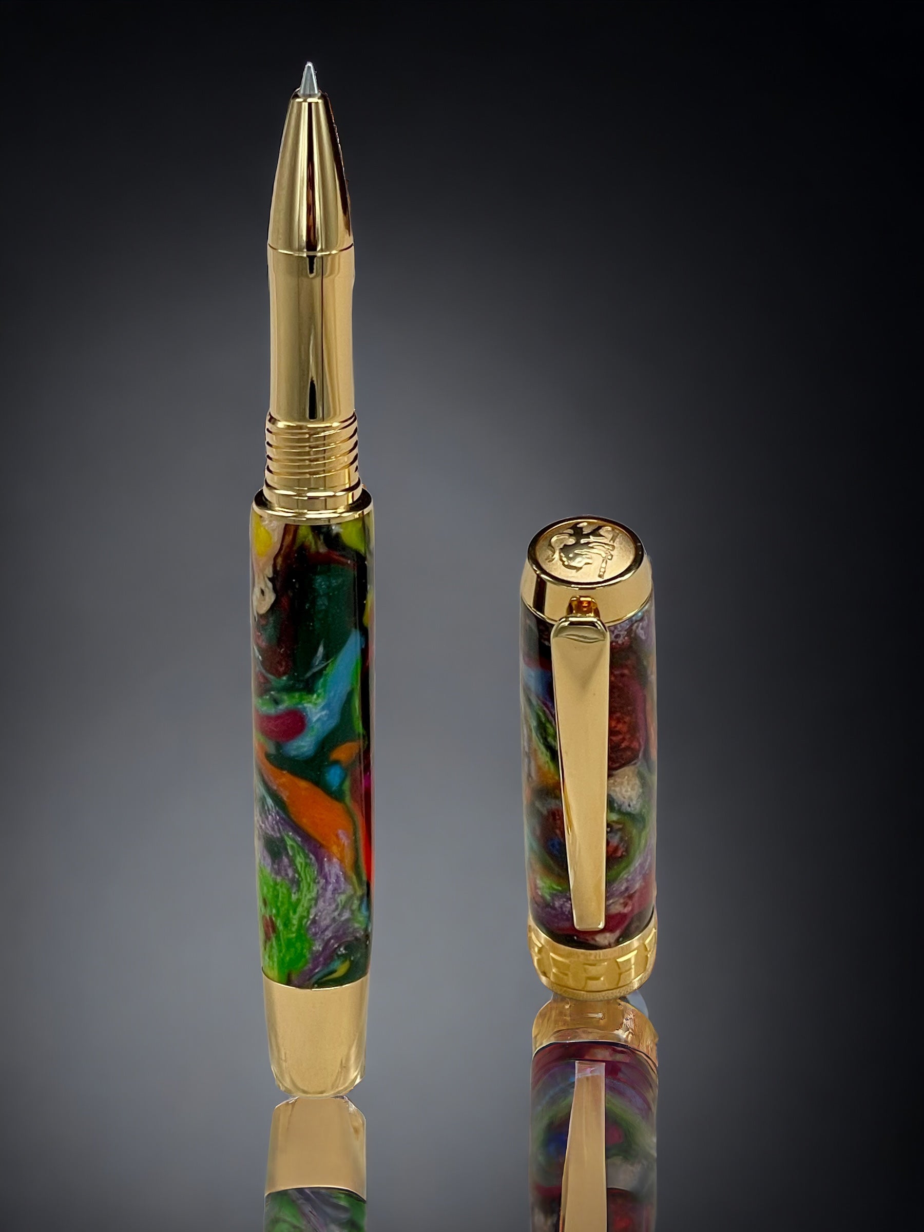 “Whimsical Colors”, One of a Kind Gold SKYE, Handmade Custom Acrylic Rollerball Pen. Artisan Rare & Unique, Completely Handcrafted  in Co, USA - HighlanderPen