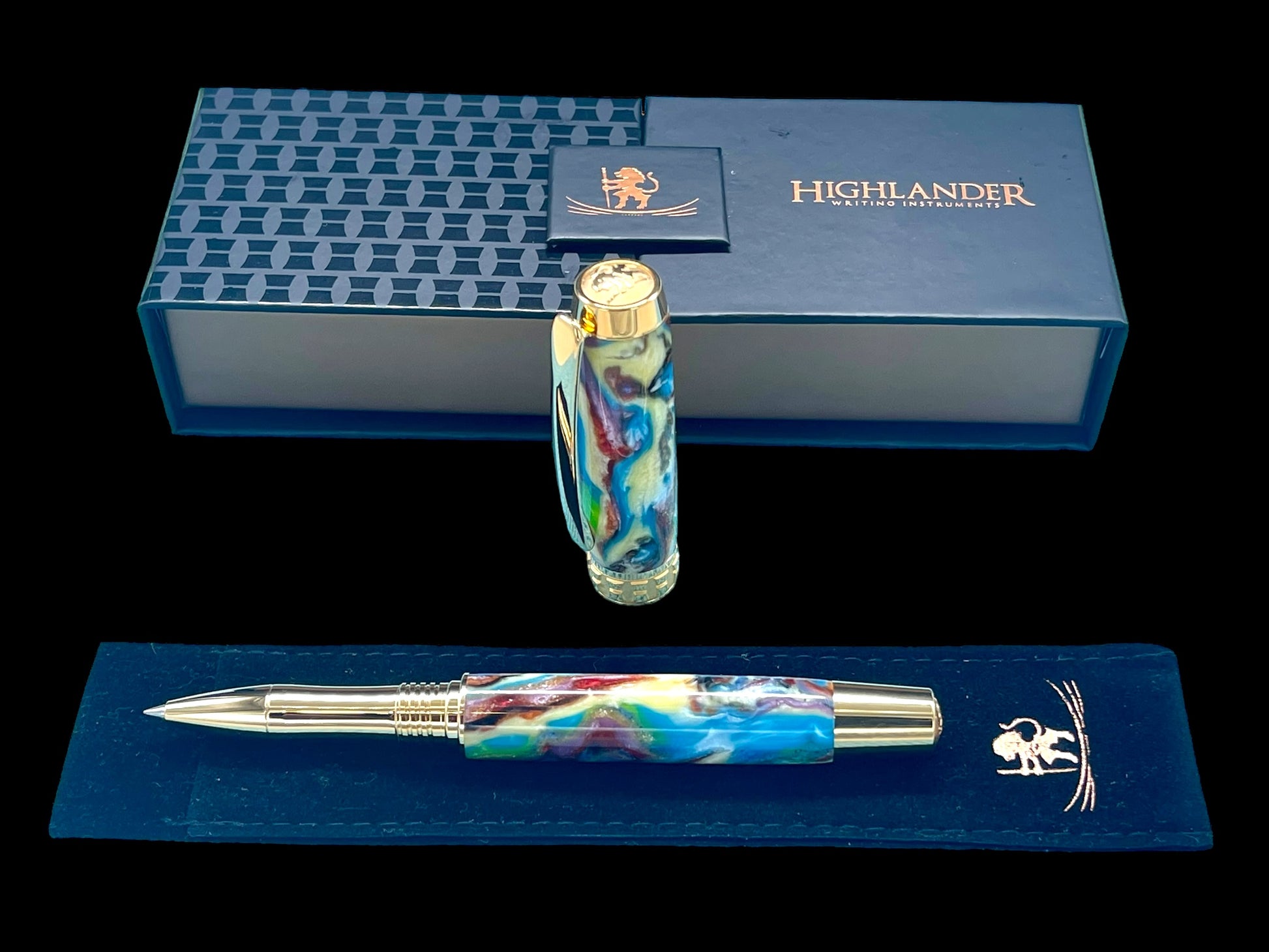 Striking “Color Swirls” Handcrafted Gold Rollerball Pen, One of a Kind, Handmade in Colorado. Ink, Velvet Sleeve, and Pen Box Included. - HighlanderPen