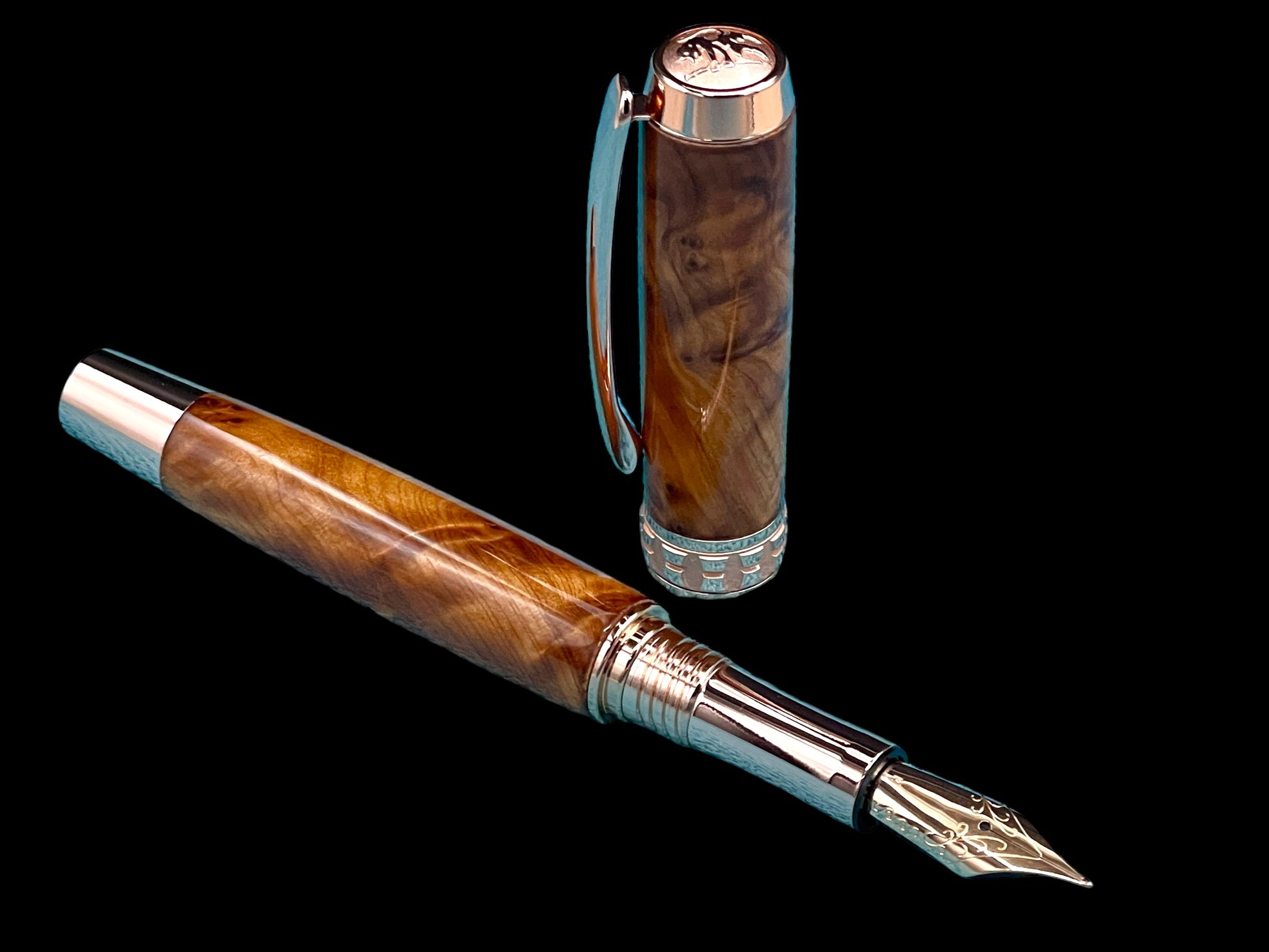 Exotic Thuya Burl Wood~Highlander Rose Gold Fountain Pen, One of a Kind, Handmade in Colorado. Ink, Converter, Pen Sleeve & Box Included. - HighlanderPen