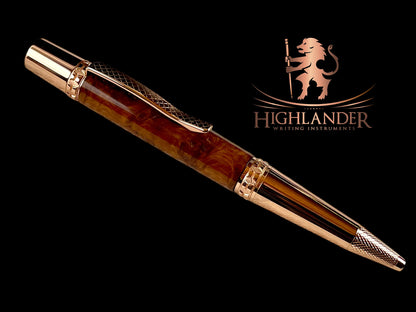 Red Gold Exotic Red Coolabah Wood Handmade Glasgow Ballpoint Pen. One of a Kind, Handcrafted by Highlander Pen. Box, Ink, & Sleeve Included. [ML-BP-1229-01]