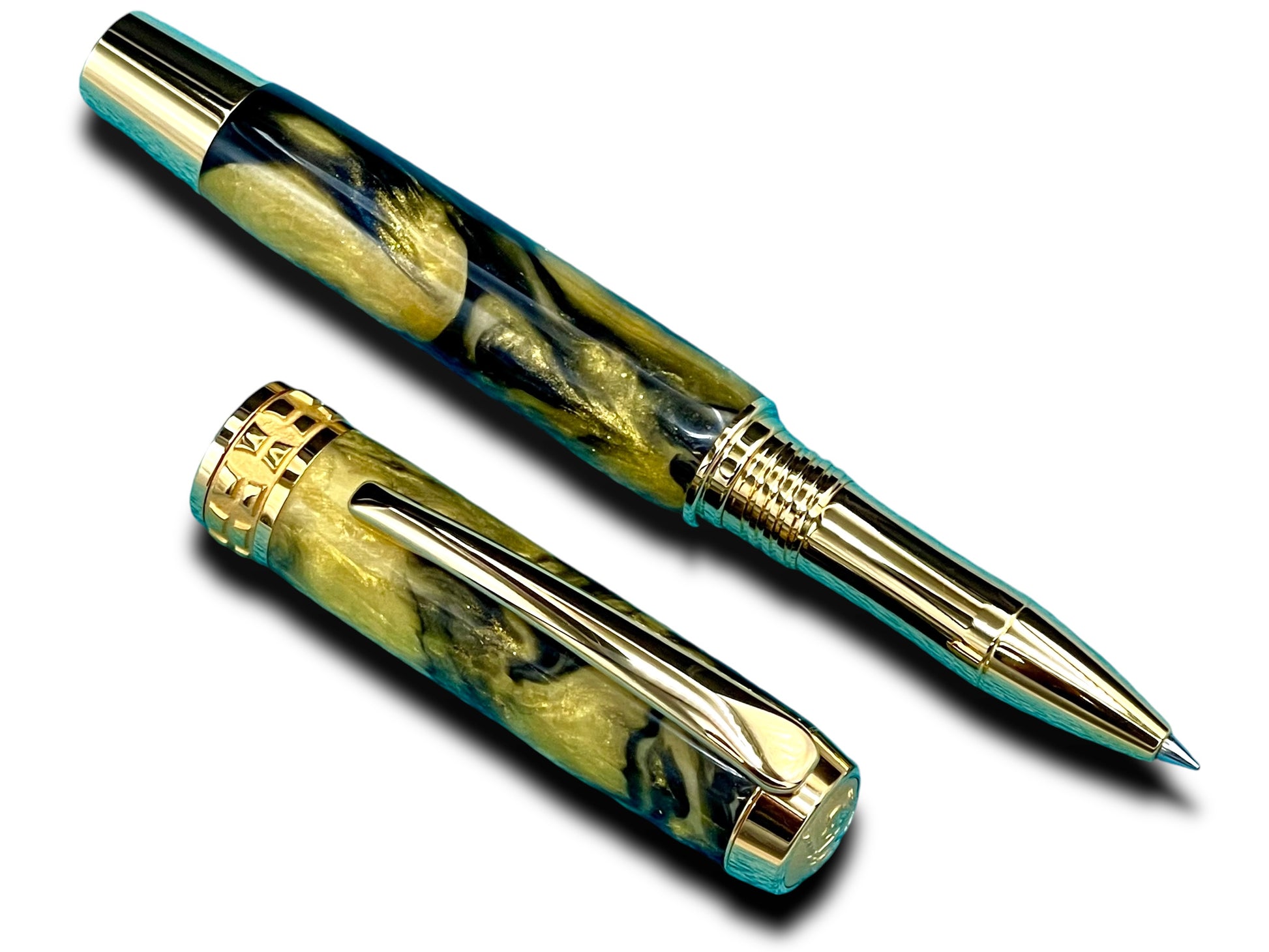 Elegant “Gold Swirl” Handcrafted Gold Rollerball Pen, One of a Kind, Handmade in Colorado. Ink, Velvet Sleeve, and Pen Box Included. - HighlanderPen