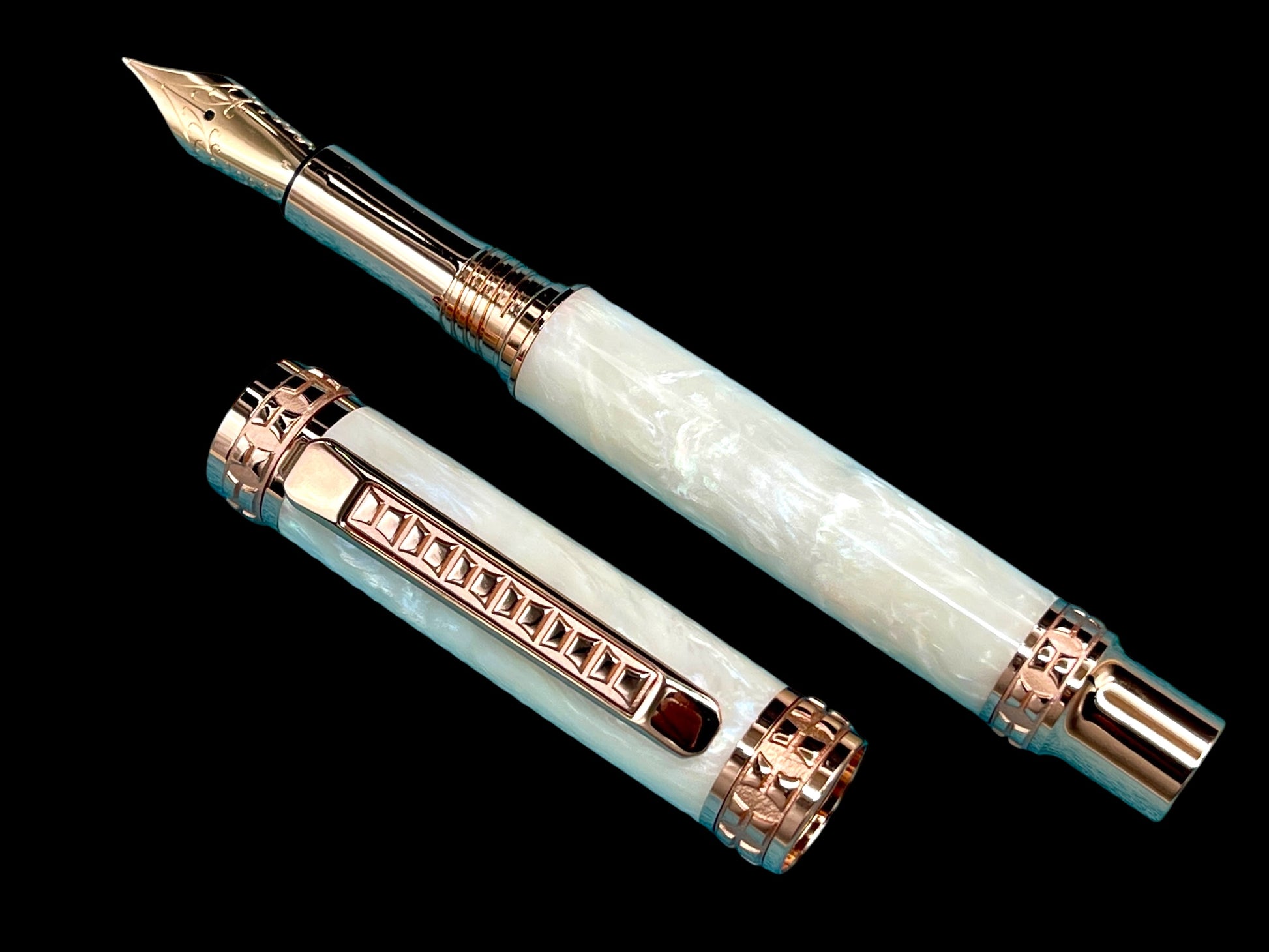 Highlander Edinburgh “Pearly Opal” Rose Gold Fountain Pen, One of a Kind, Handcrafted in CO. Ink, Converter, Pen Sleeve, & Box Included. - HighlanderPen