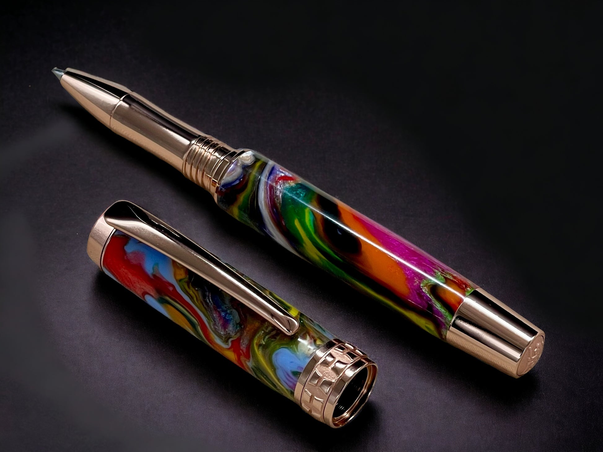 Rose Gold Rollerball Pen, Artisan Handcrafted Writing Instrument. Handmade with Custom Hardware in CO. One of a Kind. "Crazy Colors" - HighlanderPen