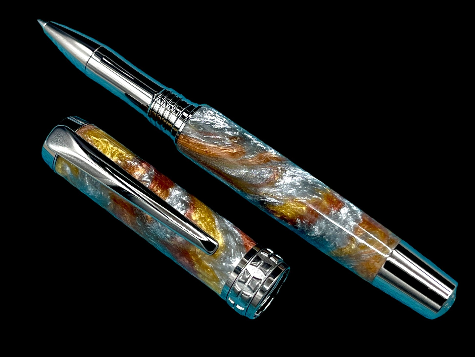 Striking “Molten Metals” Black Titanium Acrylic Rollerball Pen, Handcrafted Writing Instrument. Handmade in CO. With Ink, Sleeve, & Box. - HighlanderPen