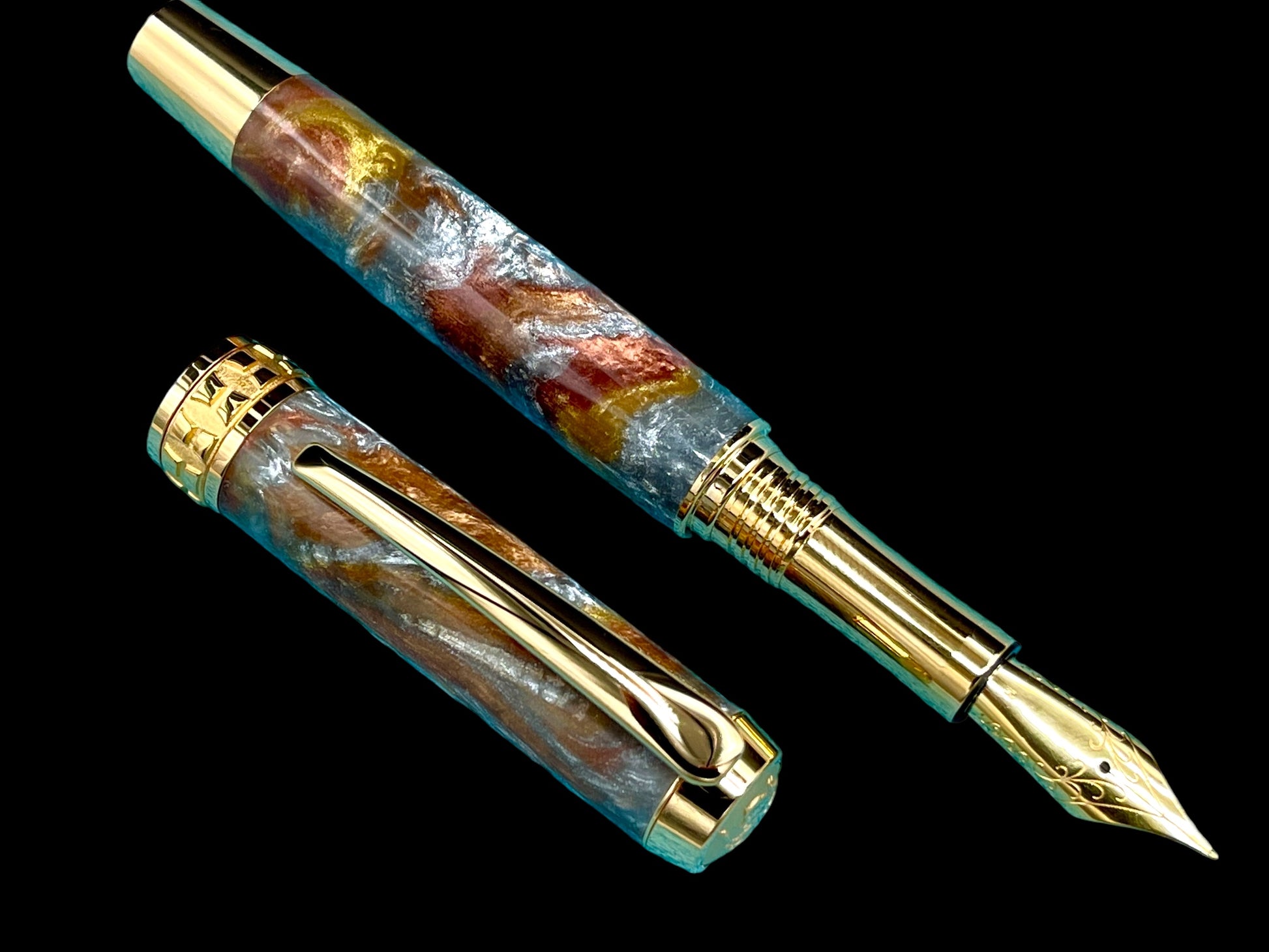 Striking “Molten Metals” Handcrafted Luxury Gold Fountain Pen, One of a Kind, Handmade in CO. Ink, Converter, Sleeve, & Box Included. - HighlanderPen