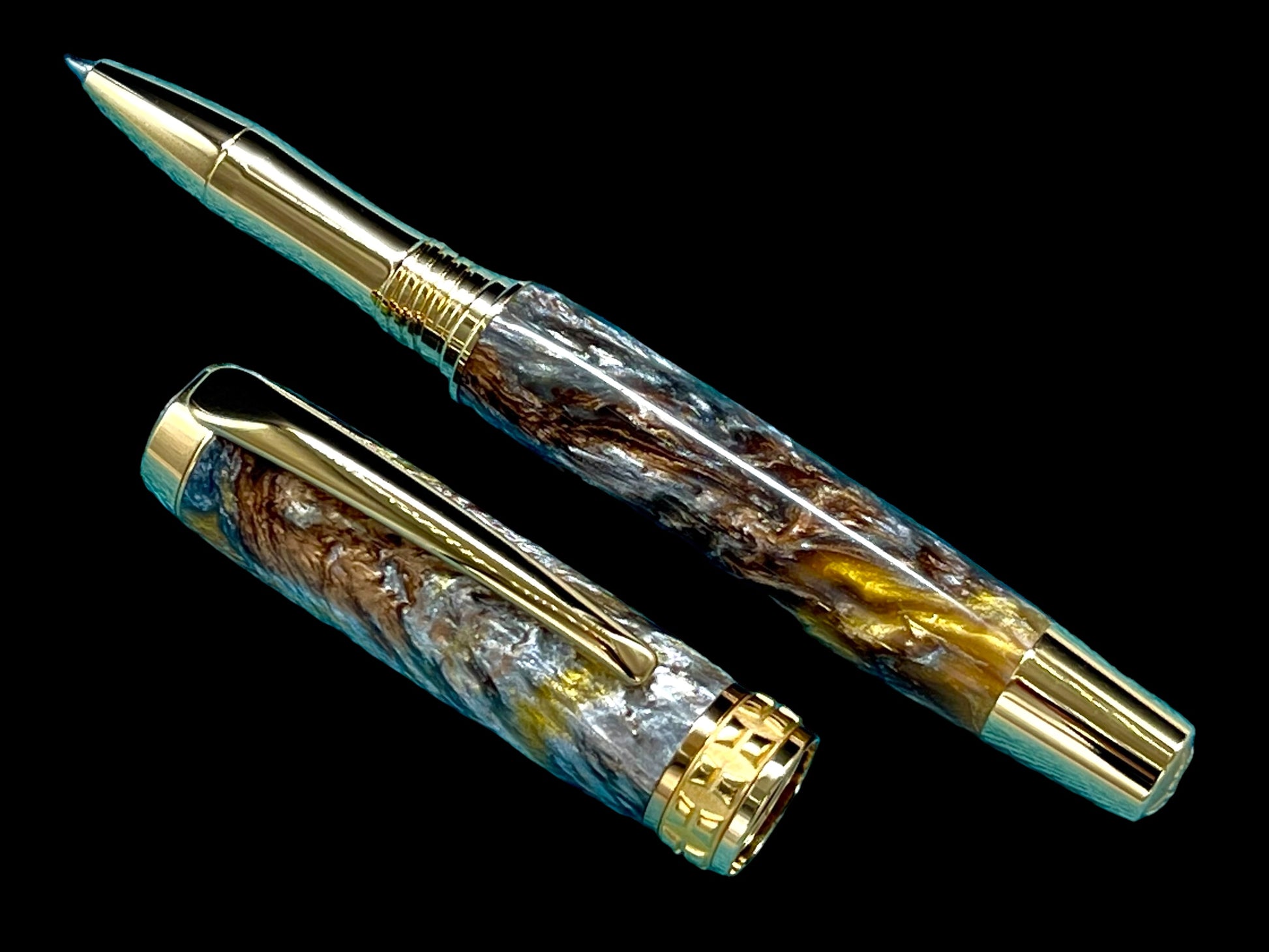 Striking “Molten Metals” Handcrafted Gold Rollerball Pen, One of a Kind, Handmade in Colorado. Ink, Velvet Sleeve, and Pen Box Included. - HighlanderPen