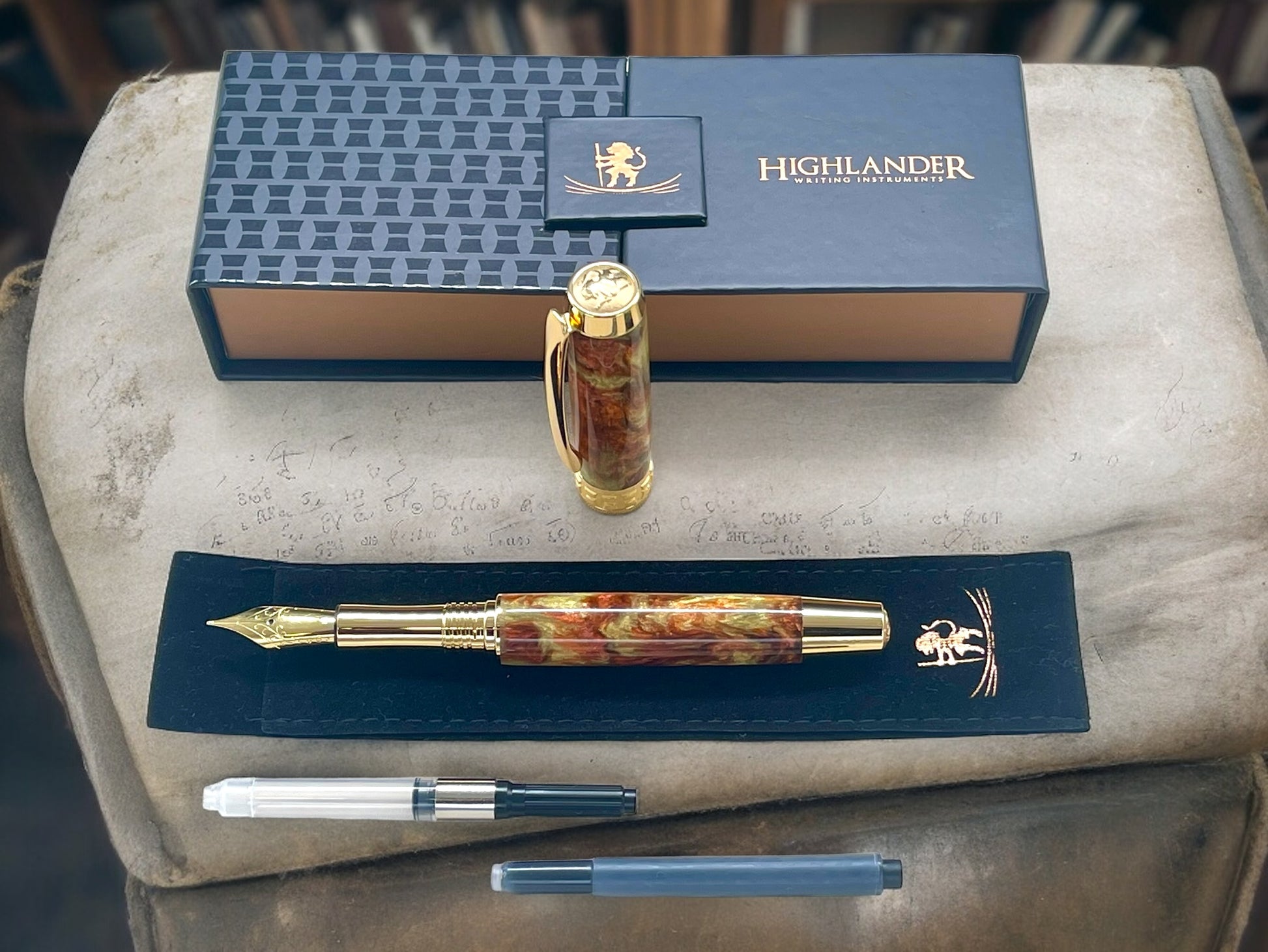 Striking “Blood Orange & Gold" Gold Rollerball Pen, Artisan Handcrafted Writing Instrument. Handmade Custom in Colorado. One of a Kind. - HighlanderPen