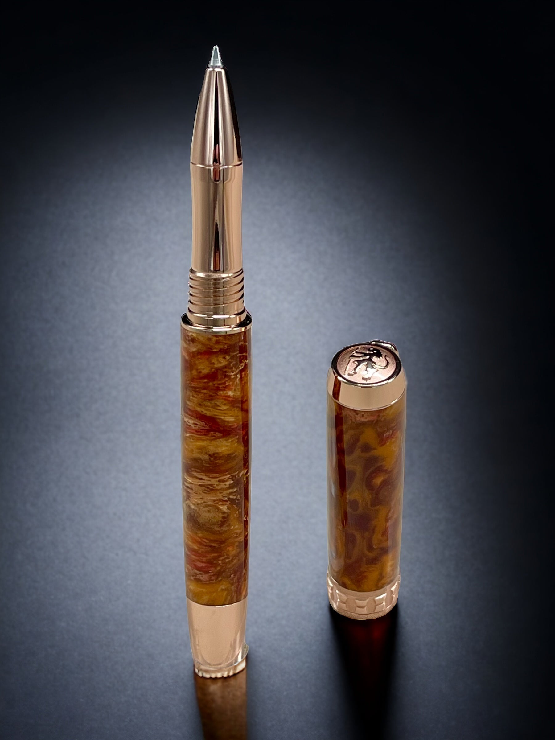 “Copper on Fire”, One of a Kind, Rose Gold, Handmade Custom Acrylic Rollerball Pen. Artisan Rare & Unique, Completely Handcrafted  in Co, US - HighlanderPen