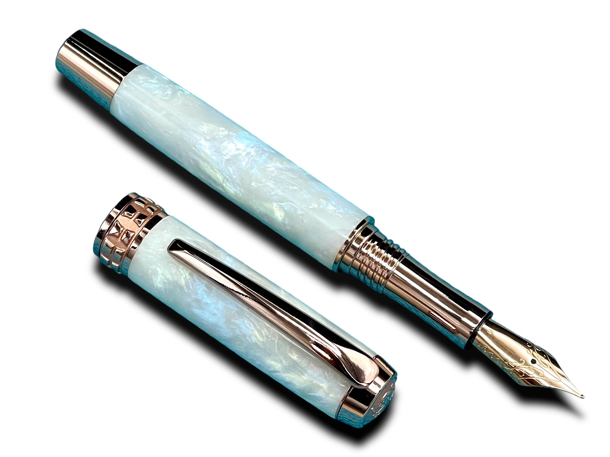 Elegant “Pearly Opal Acrylic” Rose Gold Fountain Pen, One of a Kind, Handmade in Colorado. Ink, Converter, Pen Sleeve & Box Included. - HighlanderPen