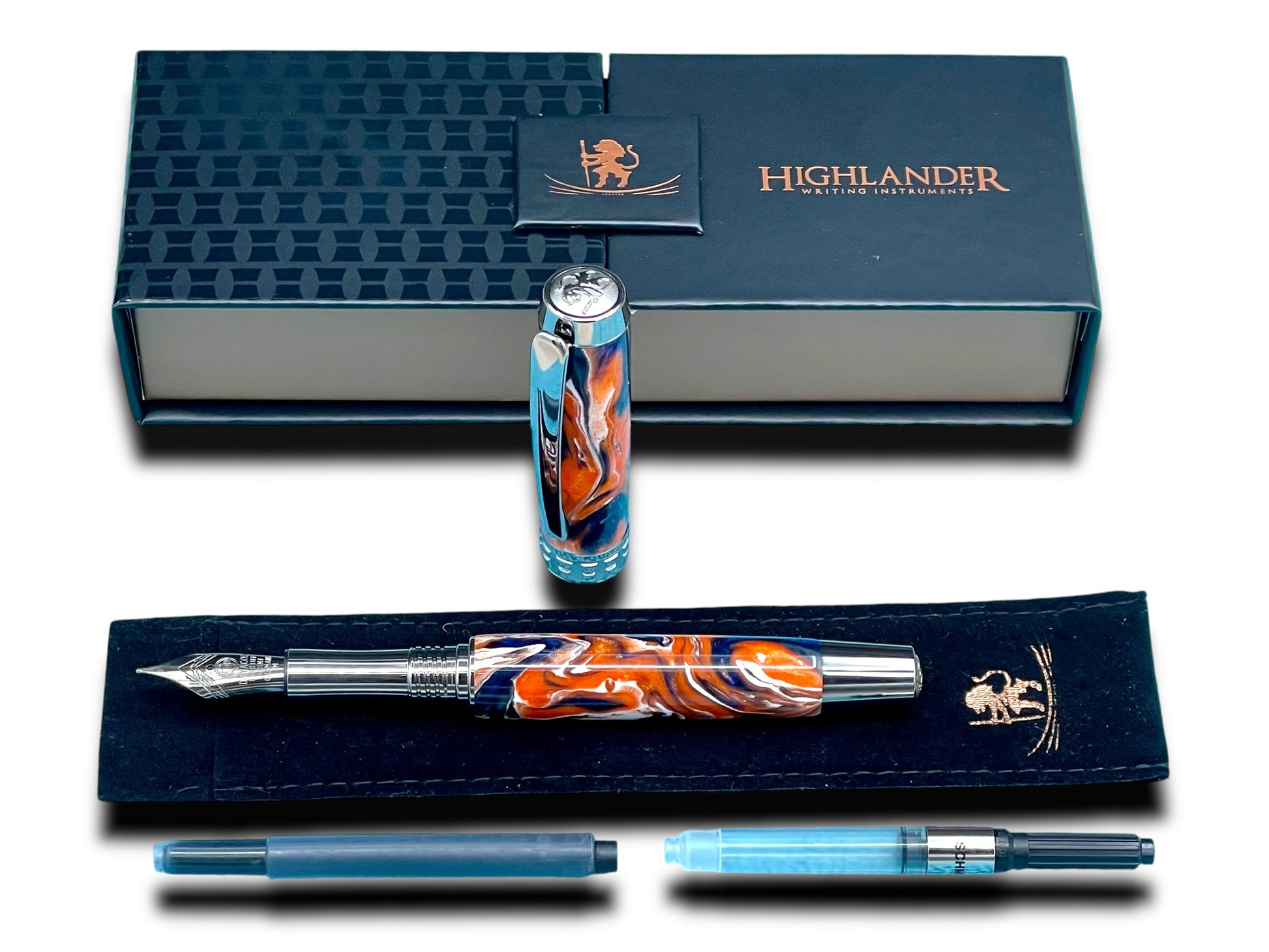 Striking “Football Colors” Black Titanium Fountain Pen, Artisan Handcrafted Writing Instrument. Converter, Ink, Sleeve & Box Included. - HighlanderPen