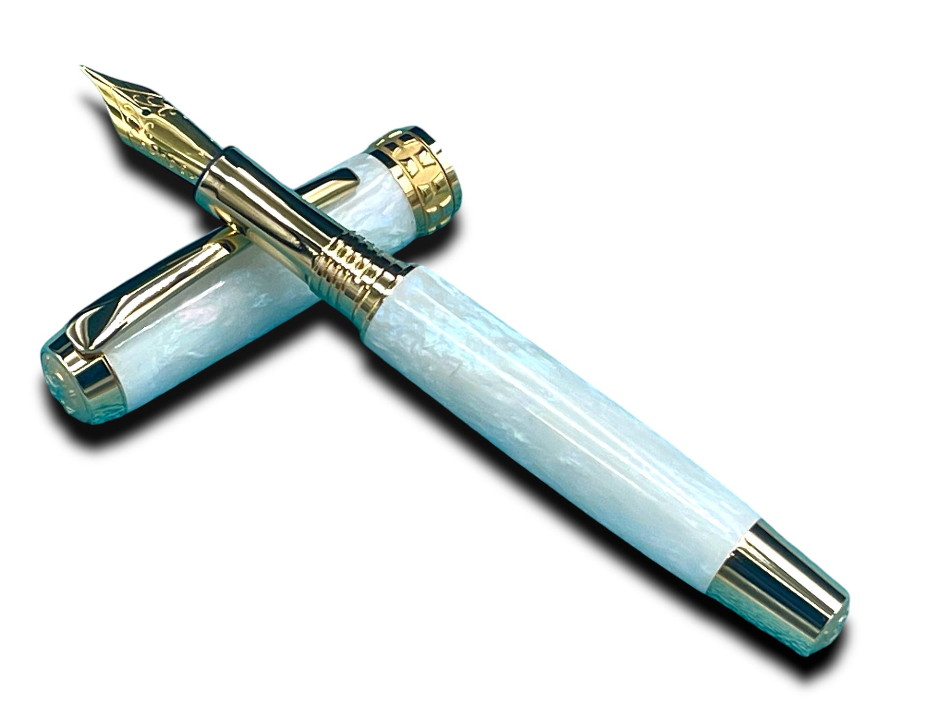 Elegant “Pearly Opal” Handcrafted Luxury Gold Fountain Pen, One of a Kind, Handmade in Colorado. Ink, Converter, Sleeve, & Box Included. - HighlanderPen