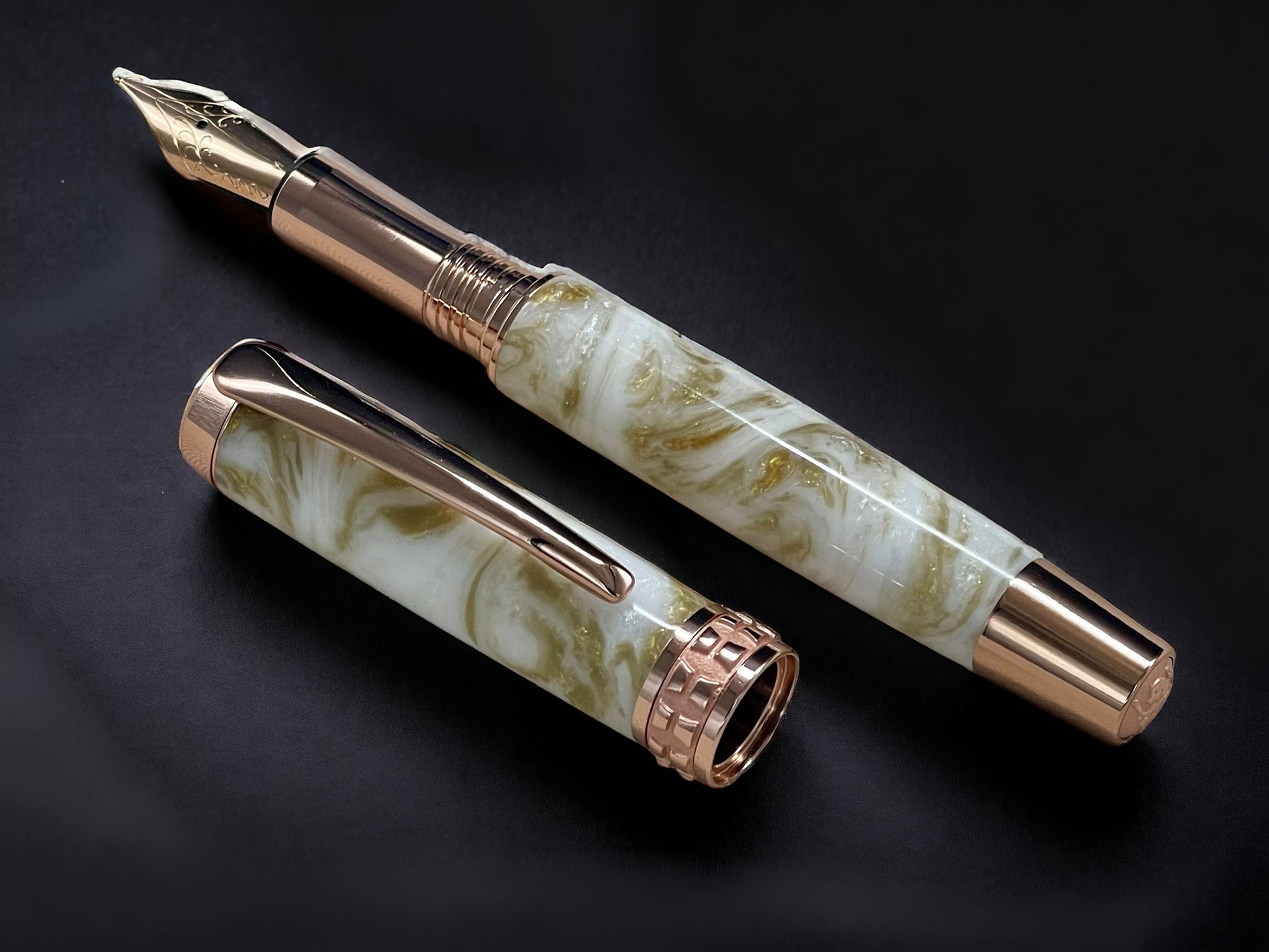 “Gold Marble”, One of a Kind, Rose Gold, Handmade Custom Acrylic Fountain Pen. Artisan Rare & Unique, Completely Handcrafted in Colorado, USA - HighlanderPen