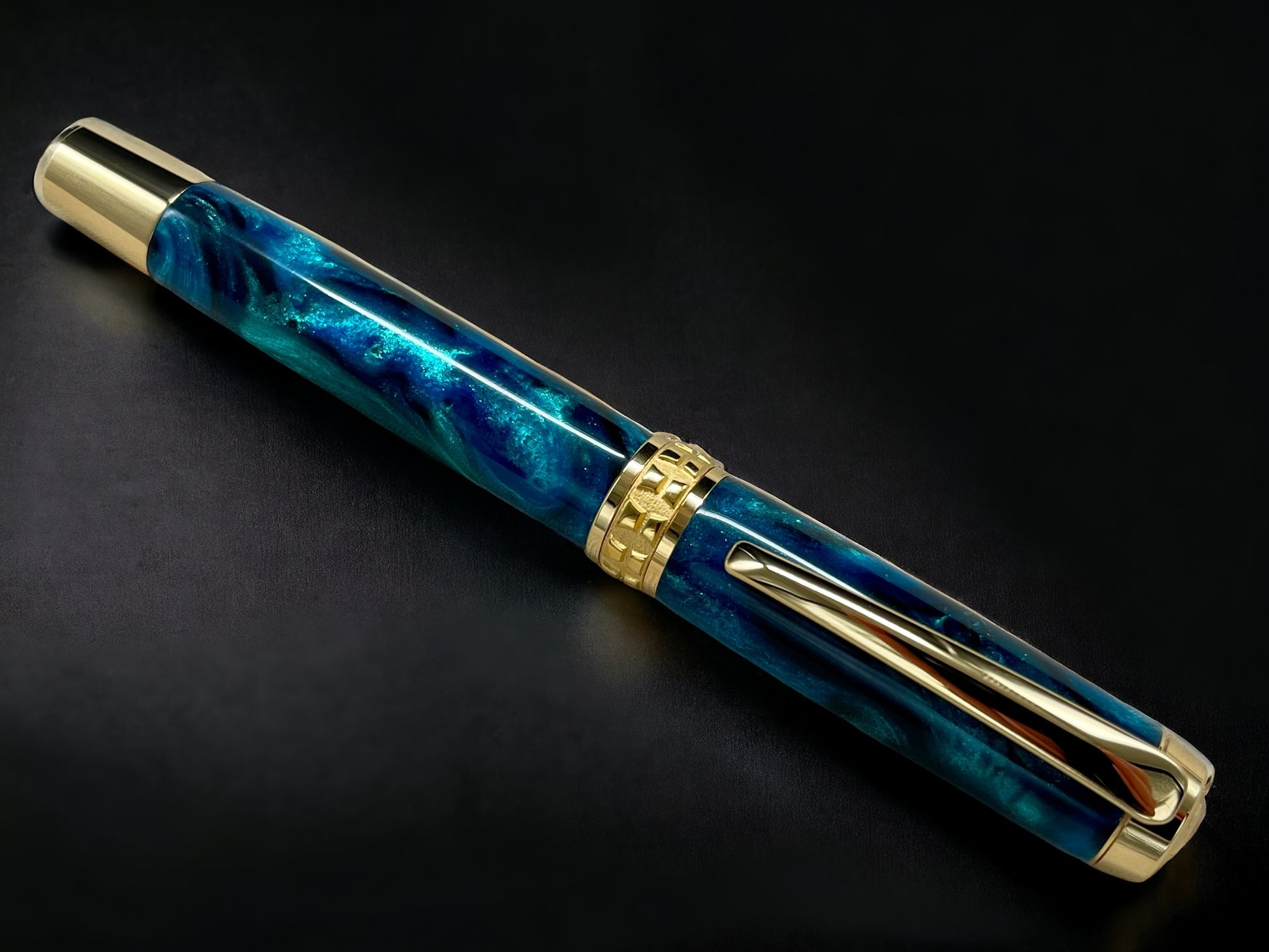 Gold Rollerball Pen, Artisan Handcrafted Writing Instrument. Handmade with Custom Hardware in Colorado. One of a Kind. “Deep Teal” - HighlanderPen