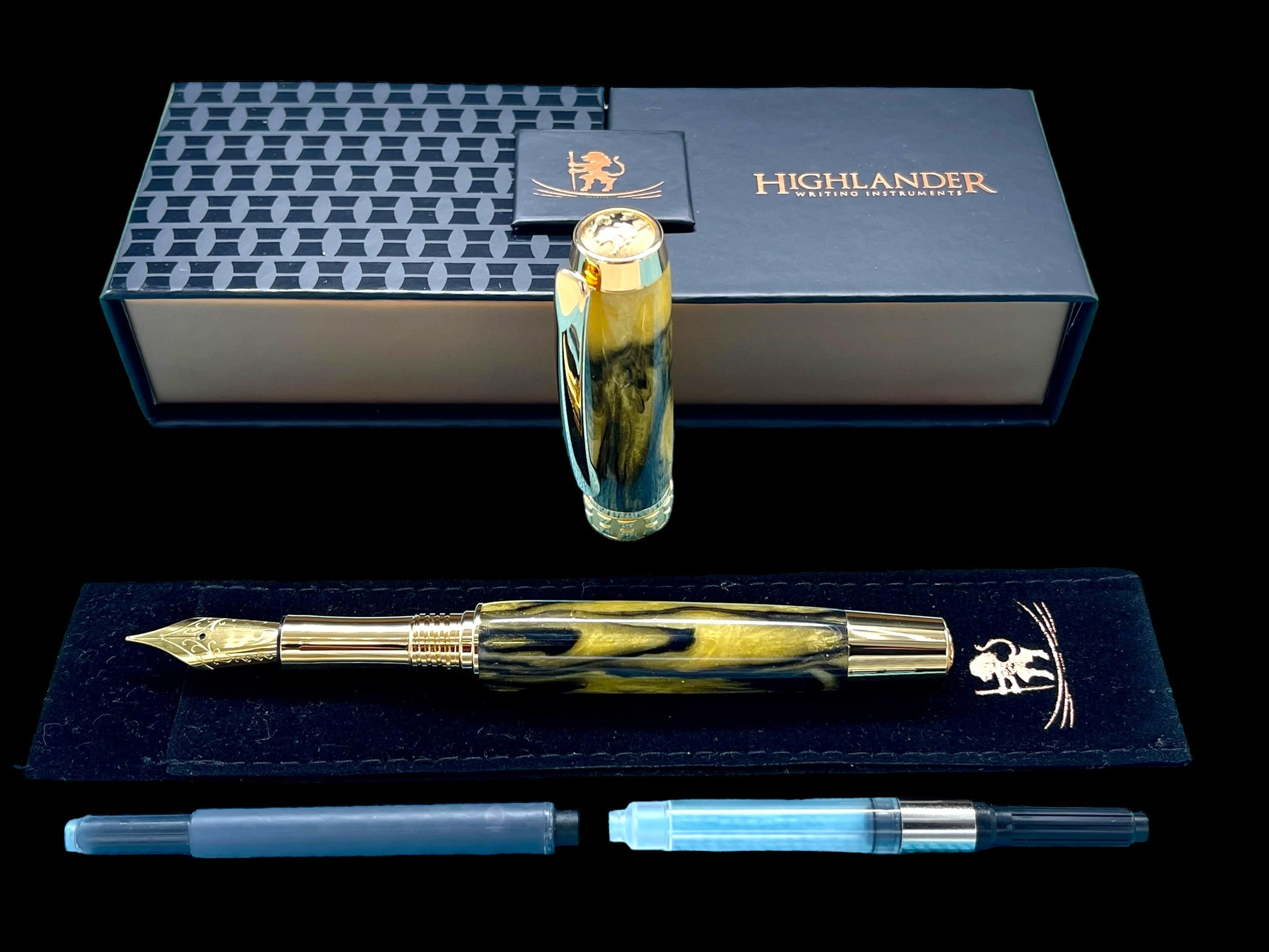 Striking “Gold and Black” Handcrafted Luxury Gold Fountain Pen, One of a Kind, Handmade in Colorado. Ink, Converter, Sleeve, & Box Included. - HighlanderPen