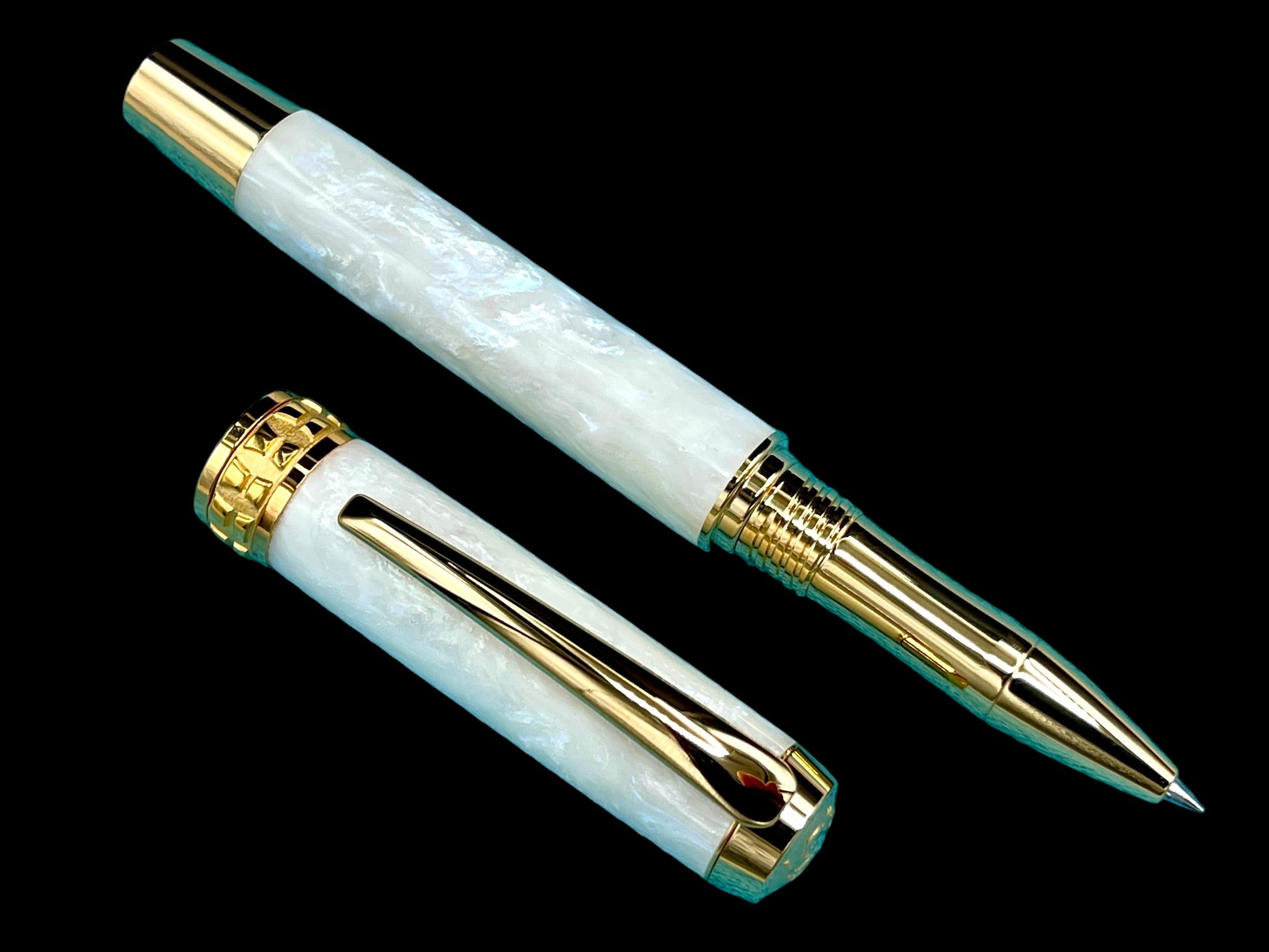 Elegant “Pearly Opal” Acrylic Handcrafted Gold Rollerball Pen, One of a Kind, Handmade in Colorado. Ink, Velvet Sleeve, & Pen Box Included. - HighlanderPen