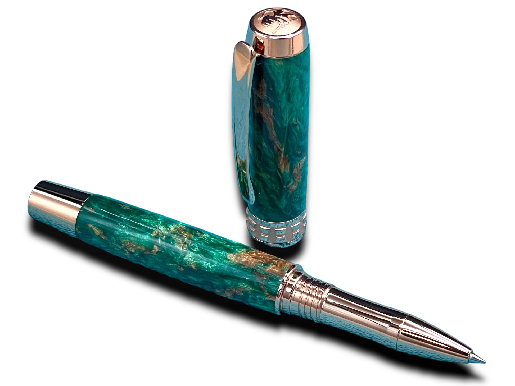 Elegant “British Racing Green”, Rose Gold Acrylic Rollerball Pen, Artisan Handcrafted Writing Instrument. One of a Kind, with Box, Sleeve, & Ink. - HighlanderPen