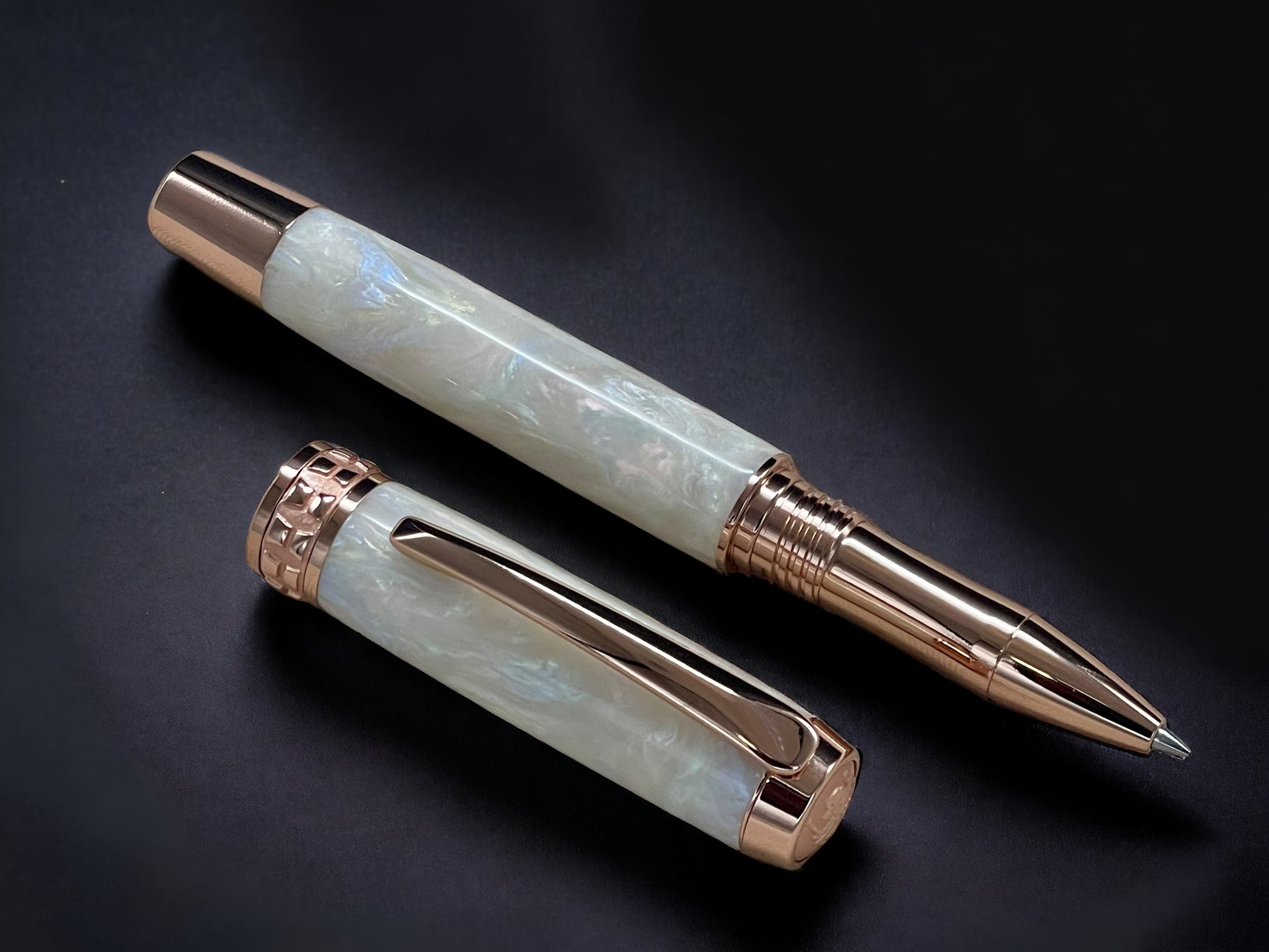 “Pearly Opal”, One of a Kind, Rose Gold, Handmade Custom Acrylic Rollerball Pen. Artisan Rare & Unique, Completely Handcrafted  in Co, US - HighlanderPen